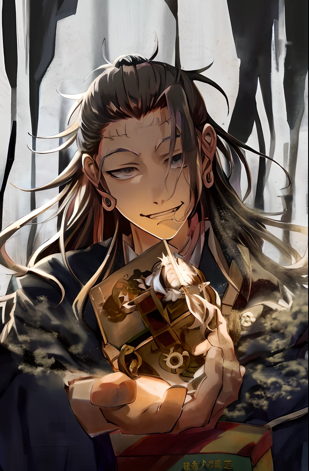 anime girl with long hair holding a box in her hands, handsome guy in demon slayer art, inspired by Yamagata Hiro, inspired by Munakata Shikō, key anime art, digital art from danganronpa, demon slayer rui fanart, anime tribal boy with long hair, kimetsu no yaiba, akiyuki shinbou