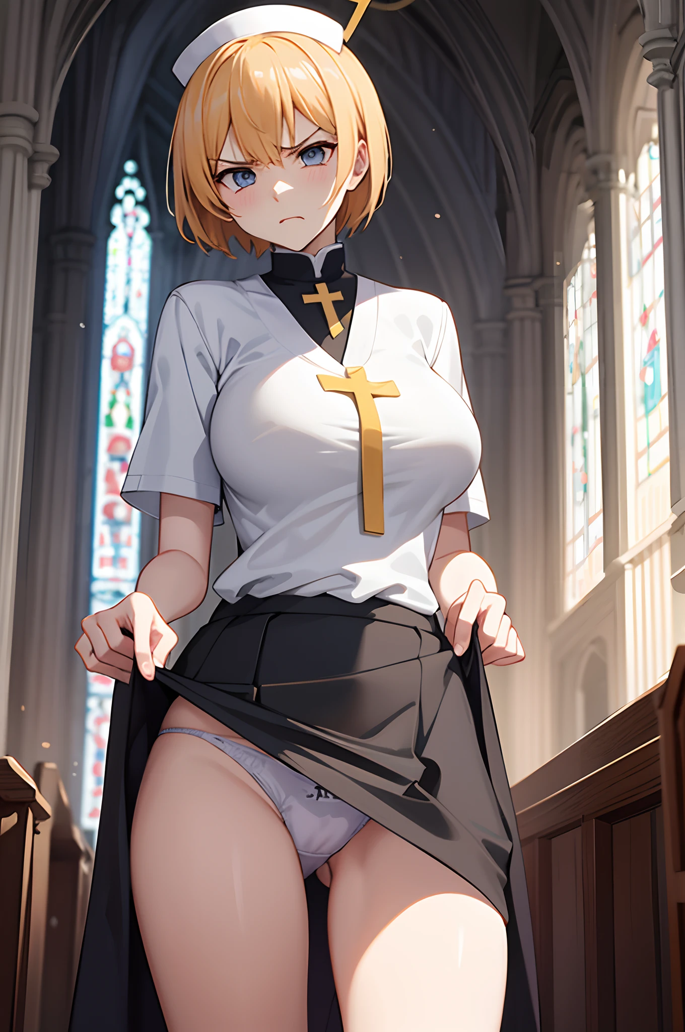 Ultra-detailed, High resolution, extremely details CG, anime image,(masutepiece, Best Quality:1.4), Illustration ,1girl in , (Iyapanjik), (angry), (frown), Wearing shoulder blades、chies、Sister Short Sleeve, Huge breasts,, (appearance々Colored panties), sox, (Skirt lift), Back, From below,People of the Church々々々々、Sister、((Clergy clothing))、Beautiful eyes