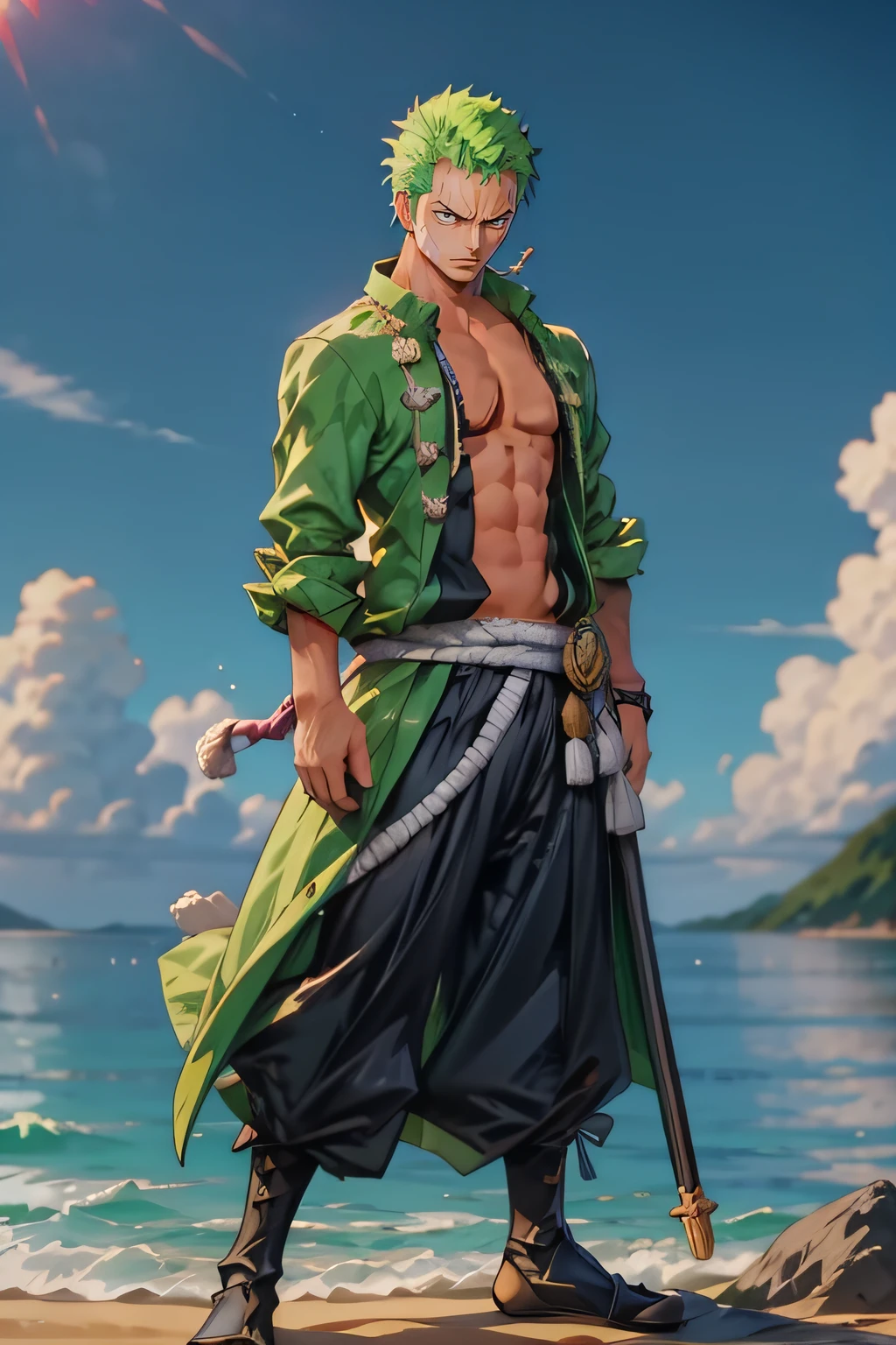 1man, minimalism, full body pose, zoro roronoa, Eiichirō Oda, simple, vector, bodybuilder, sea from background, scar across eye))