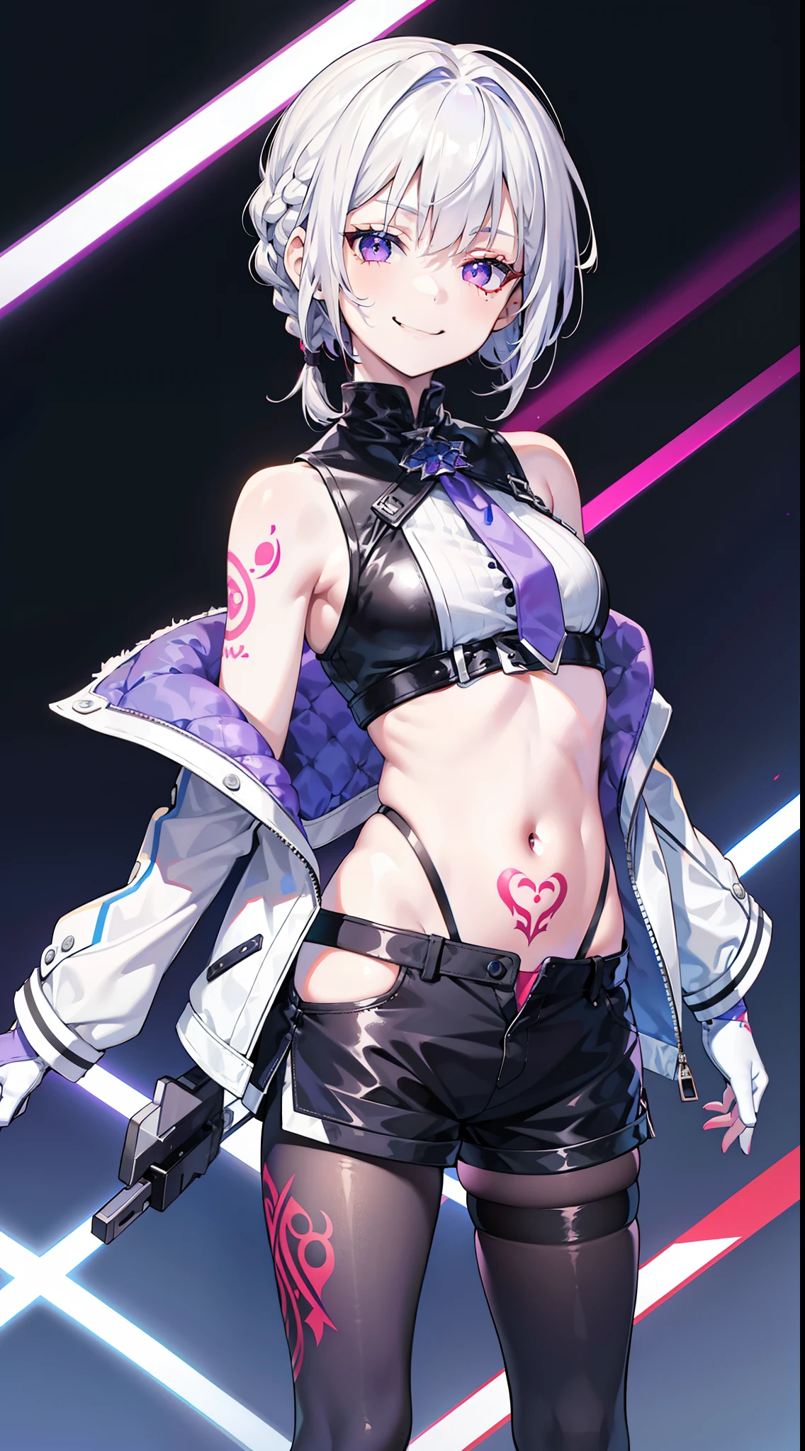 young girl, short white hair, braid, violet eyes, Blue leather coat, Sleeveless, open belly, Shorts, Long pantyhose, Long Grey Gloves,, red tattoo, smirk, Masterpiece, hiquality, 4k, HD, Good detail