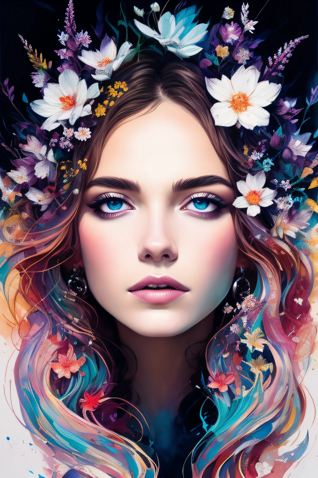 Colorful beautiful woman: Black ink flow: 8k resolution photorealistic masterpiece: by Aaron Horkey and Jeremy Mann: intricately detailed fluid gouache painting: by Jean Baptiste Mongue: calligraphy: acrylic: watercolor art, professional photography, natural lighting, volumetric lighting maximalist photoillustration: by marton bobzert: 8k resolution concept art intricately detailed, complex, elegant, expansive, fantastical