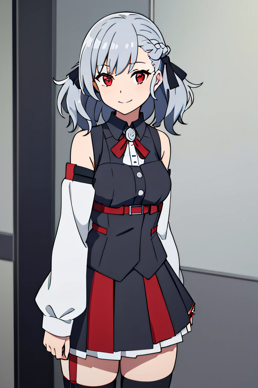 SOLO,1GIRL,SPASNORMAL,HAIR RIBBON,RED EYES,GREY HAIR,TWINTAILS,BARE SHOULDERS,BLACK DETACHED SLEEVES,RED PLEATED SKIRT,THIGHHIGHS,DARK SHIRT,BRAID,VEST,LAYERED SKIRT, upper body, facing viewer, looking at viewer, smile.