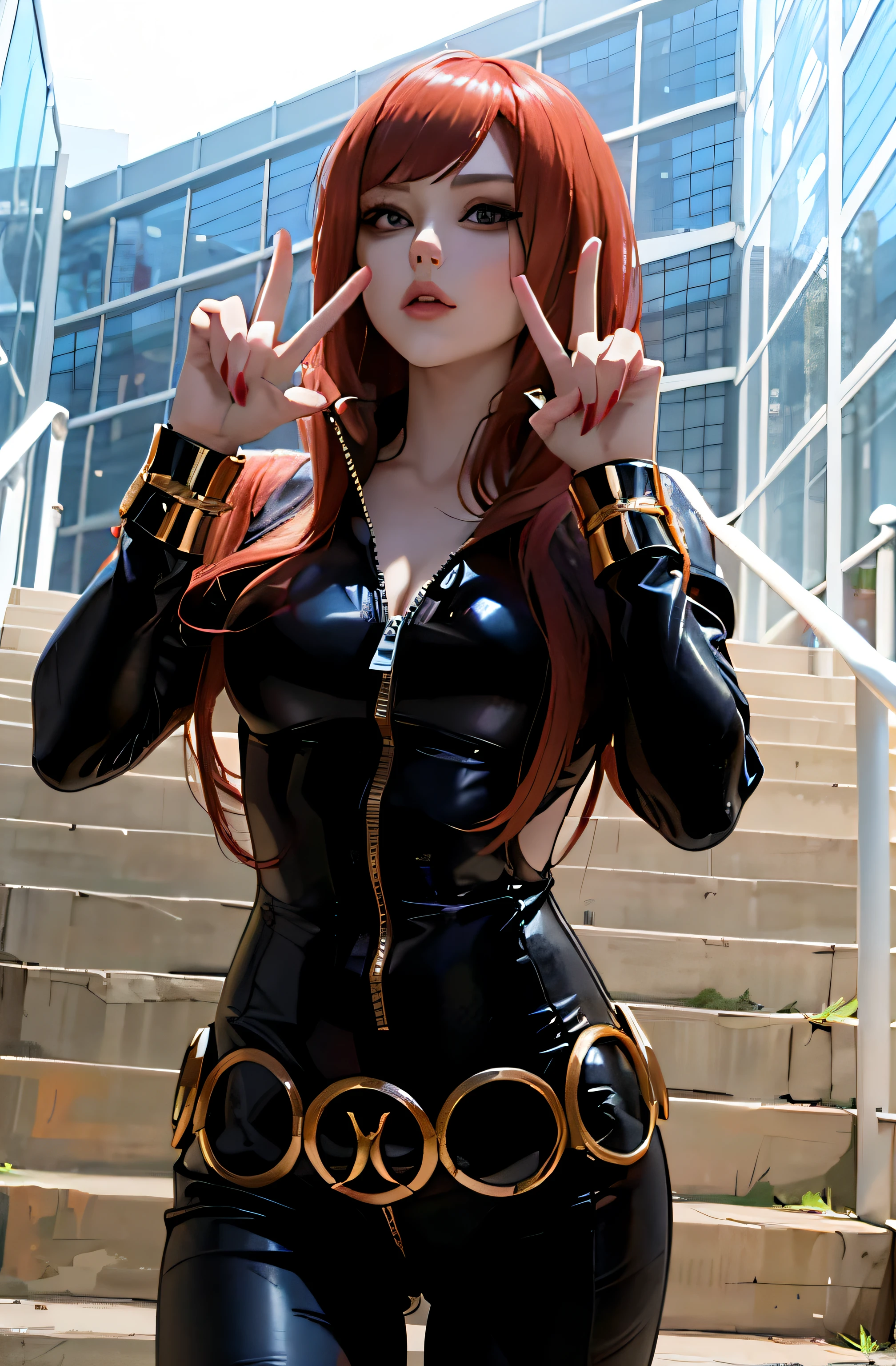 a woman playing the role of the Black Widow character from the Marvel universe. She is equipped with a long red wig and wears a fitted shiny black latex leather catsuit, which is adorned with notable gold trim details and a center zipper. Both of her hands create peace signs as she stands confidently on a staircase. The backdrop features a building, adding depth to the image.