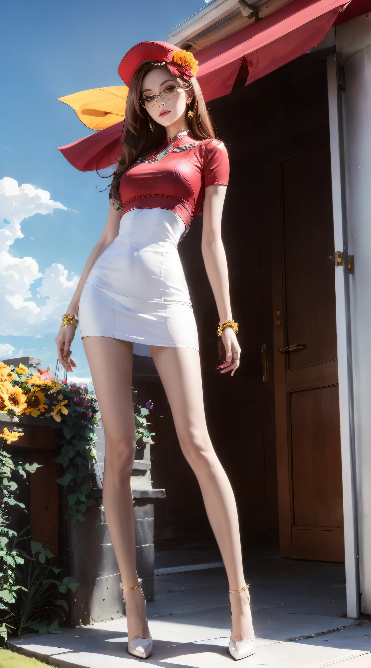 Masterpiece,Best quality,A high resolution, 1girll,From below,(Very thin and straight legs)，,(Very long legs，Straight legs),,High heels,long leges,standing on your feet, Long legs as seen from the front, Perfect body,with perfect legs,(exteriors),Red Hat, Glasses, White dress, Short sleeves,hair flower,sunglasses, The girl stands, Cityscape, Night, Lake, jewelry, Pink glasses,arms back behind,(((Red sports car)))，Yellow flowers