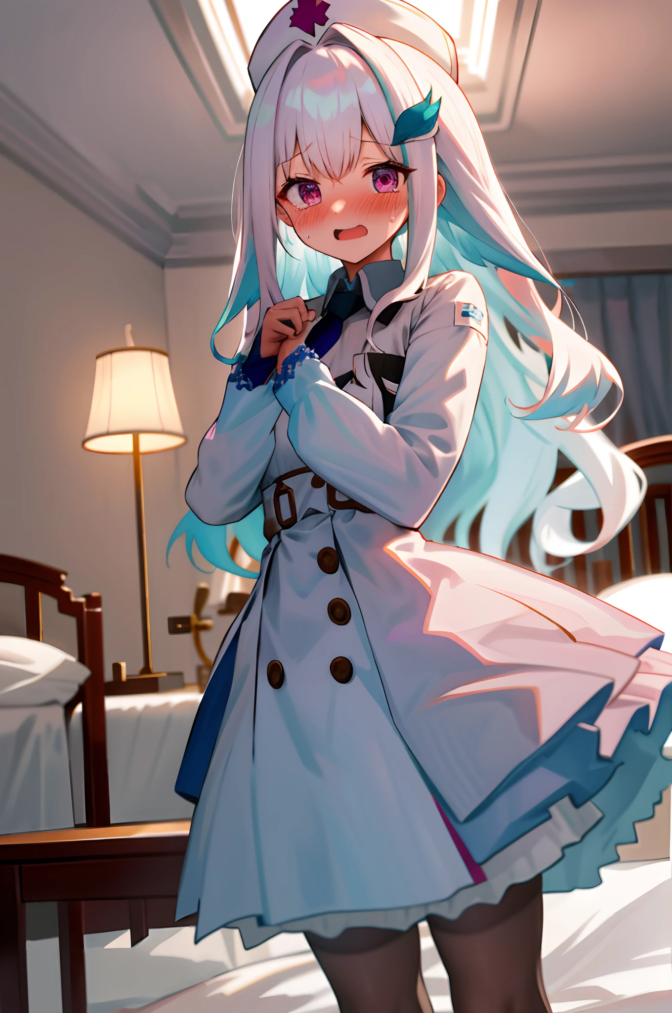 One girl with long wavy hair, white hair, looking at viewer, embarrassed, blushing, tears, open mouth, indoor , nurse, white shirt, puff long sleeves, mini skirt, thigh, perfect waist, noon atmosphere, hair ornament, standing, bed , lace gloves, pantyhose, nurse hat, (embarrassed:1.0)
