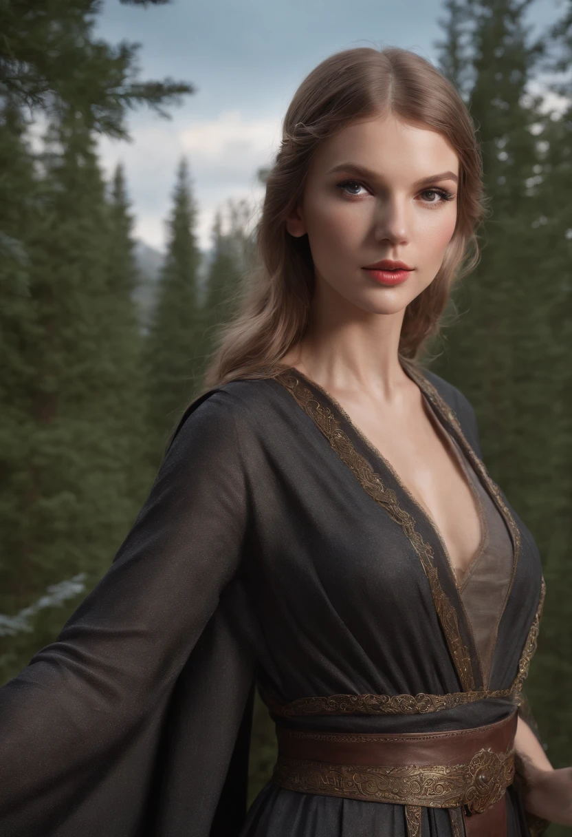 Taylor Swift as a jedi "Sith" character from Star Wars. Fiercely looking at the camera. medium full shot, cinematic photography in a dynamic pose. wears black sith suit. a utility belt. backdrop is a mystical forest. she has red lighsaber. Dramatic cinematography, star wars style poster. 8K, looking at camera, sc-fi photography, high definition, eye-catching detail. 8k, HD, cinematography, photorealistic, epic composition, Unreal Engine, Cinematic, Color Grading, Ultra-Wide Angle, Depth of Field, hyper-detailed, beautifully color-coded, insane details, intricate details, beautifully color graded, Unreal Engine, Cinematic, Color Grading, Editorial Photography, Photography, Photoshoot, Depth of Field, DOF, White Balance, 32k, Super-Resolution, Megapixel, ProPhoto RGB, VR, Halfrear Lighting, Backlight, Natural Lighting, Incandescent, Optical Fiber, Moody Lighting, Cinematic Lighting, Studio Lighting, Soft Lighting, Volumetric, Contre-Jour, Beautiful Lighting, Accent Lighting, Global Illumination, Screen Space Global Illumination, Ray Tracing Global Illumination, Optics, Scattering, Glowing, Shadows, Rough, Shimmering, Ray Tracing Reflections, Lumen Reflections, Screen Space Reflections, Diffraction Grading, Chromatic Aberration, GB Displacement, Scan Lines, Ray Traced, Ray Tracing Ambient Occlusion, Anti-Aliasing, FKAA, TXAA, RTX, SSAO, Shaders, OpenGL-Shaders, GLSL-Shaders, Post Processing, Post-Production, Cel Shading, Tone Mapping, CGI, VFX, SFX, insanely detailed and intricate, hypermaximalist, elegant, hyper-realistic, super detailed, dynamic pose, photography subtle makeup, golden hour, photorealistic, high contrast, 8k HD, detailed, hyper-detailed, realistic skin texture, large breast, best quality, ultra high res, raw photo, dramatic lighting, unreal engine, diffuse glow, outdoor, realistic detailed dark forest, falling leaves, breeze