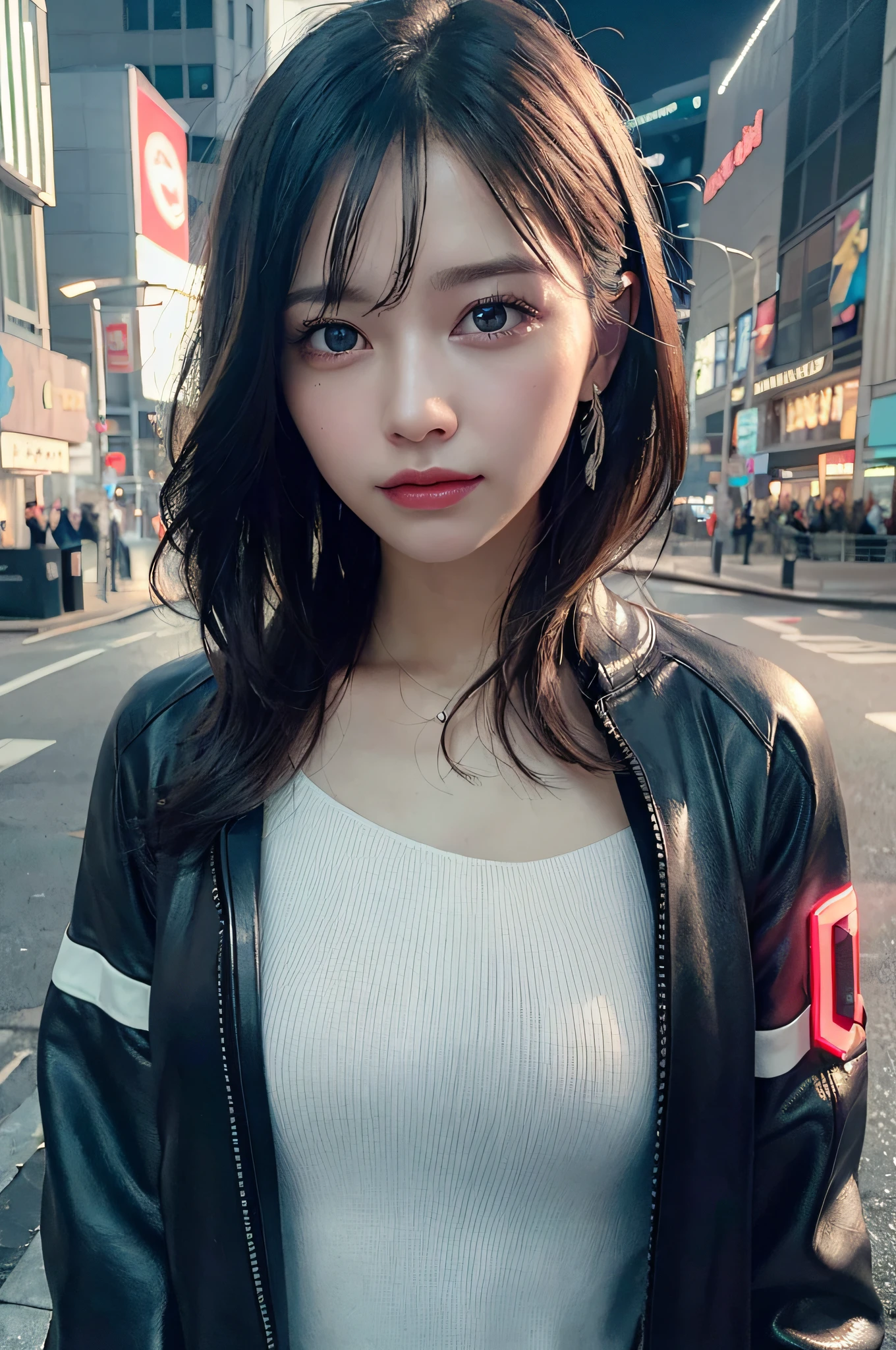 RAW quality, Official Art, highest quality, masterpiece, (Photorealistic:1.4), ((Ultra-Realistic Details)), Portrait, Global Illumination, Shadow, Octane Rendering, 8k, Super sharp, Japanese, One Girl, 14 years old, Brown hair blowing in the wind, Detailed facial details, Almond-shaped, sky-blue eyes, Long eyelashes, Glossy Lips, Tsundere and playful expression, Low rise leather pants, White tank top, Cleavage, Big breasts and small waist, Red Down Jacket, ((akirabike:1.4)), night, cyberpunk city view, great screen, Shallow い depth of writing, Blurred Background, Biologically correct,