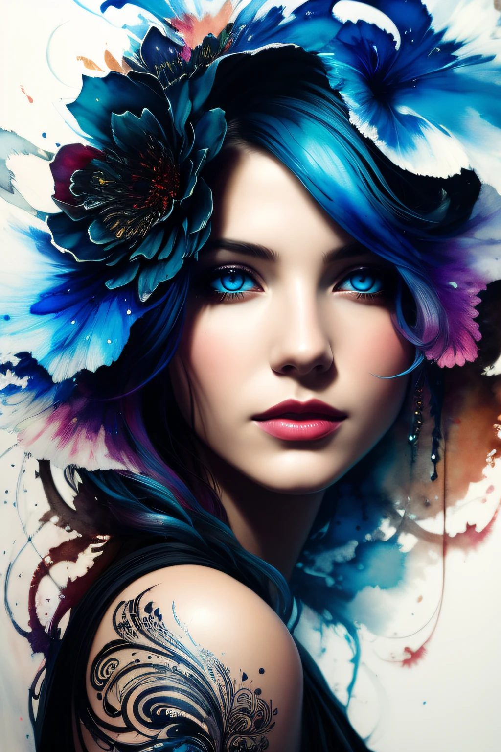 Colorful beautiful woman: Black ink flow: 8k resolution photorealistic masterpiece: by Aaron Horkey and Jeremy Mann: intricately detailed fluid gouache painting: by Jean Baptiste Mongue: calligraphy: acrylic: watercolor art, professional photography, natural lighting, volumetric lighting maximalist photoillustration: by marton bobzert: 8k resolution concept art intricately detailed, complex, elegant, expansive, fantastical