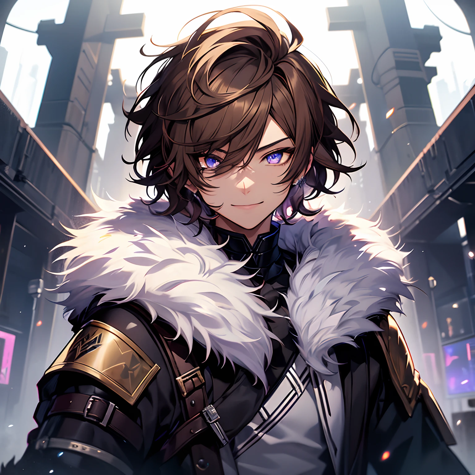 1guy, highly detailed, master piece, chill vtuber avatar, gamer, smiling, dragon themed, winter cloak, armor, glowing eyes, galaxy eyes, ash brown hair, slightly curly hair, fur trim, light and dark theme, lavender eyes with stars in them, medium-short hair, feathered hair