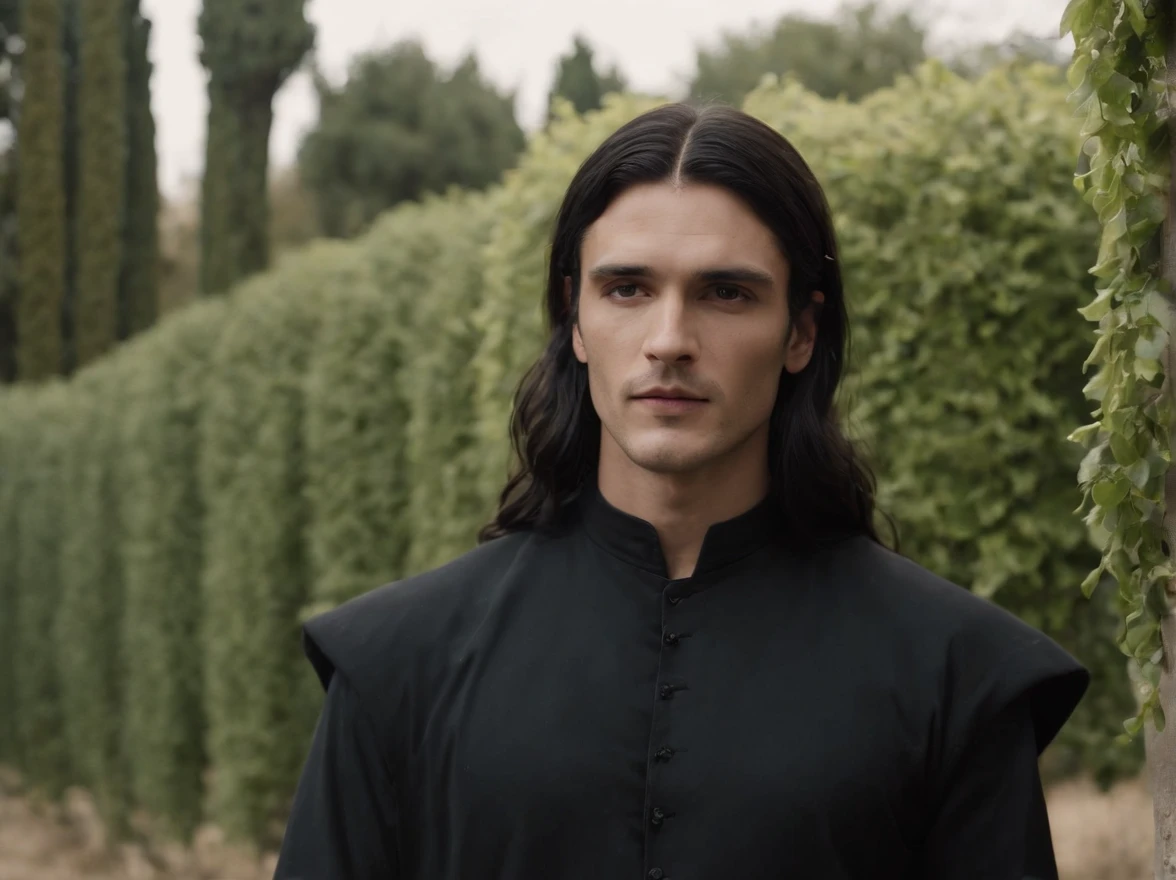 arafed man with long black hair and a black shirt standing in front of a bush, with his long black hair, with long dark hair, felix englund style, with long black hair, felix englund, black metal, techwear occultist, black metal aesthetics, grimdark vibes, with long hair, dressed in dark garment, young handsome pale roma