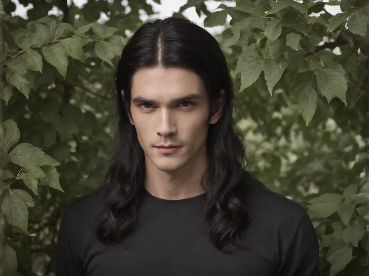 arafed man with long black hair and a black shirt standing in front of a bush, an album cover inspired by Ren Bonian, tumblr, purism, with his long black hair, with long dark hair, felix englund style, with long black hair, felix englund, black metal, techwear occultist, black metal aesthetics