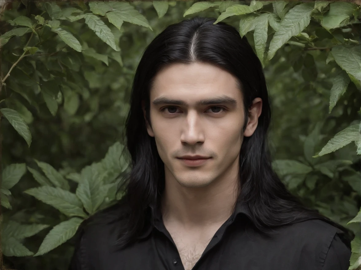 arafed man with long black hair and a black shirt standing in front of a bush, an album cover inspired by Ren Bonian, tumblr, purism, with his long black hair, with long dark hair, felix englund style, with long black hair, felix englund, black metal, techwear occultist, black metal aesthetics