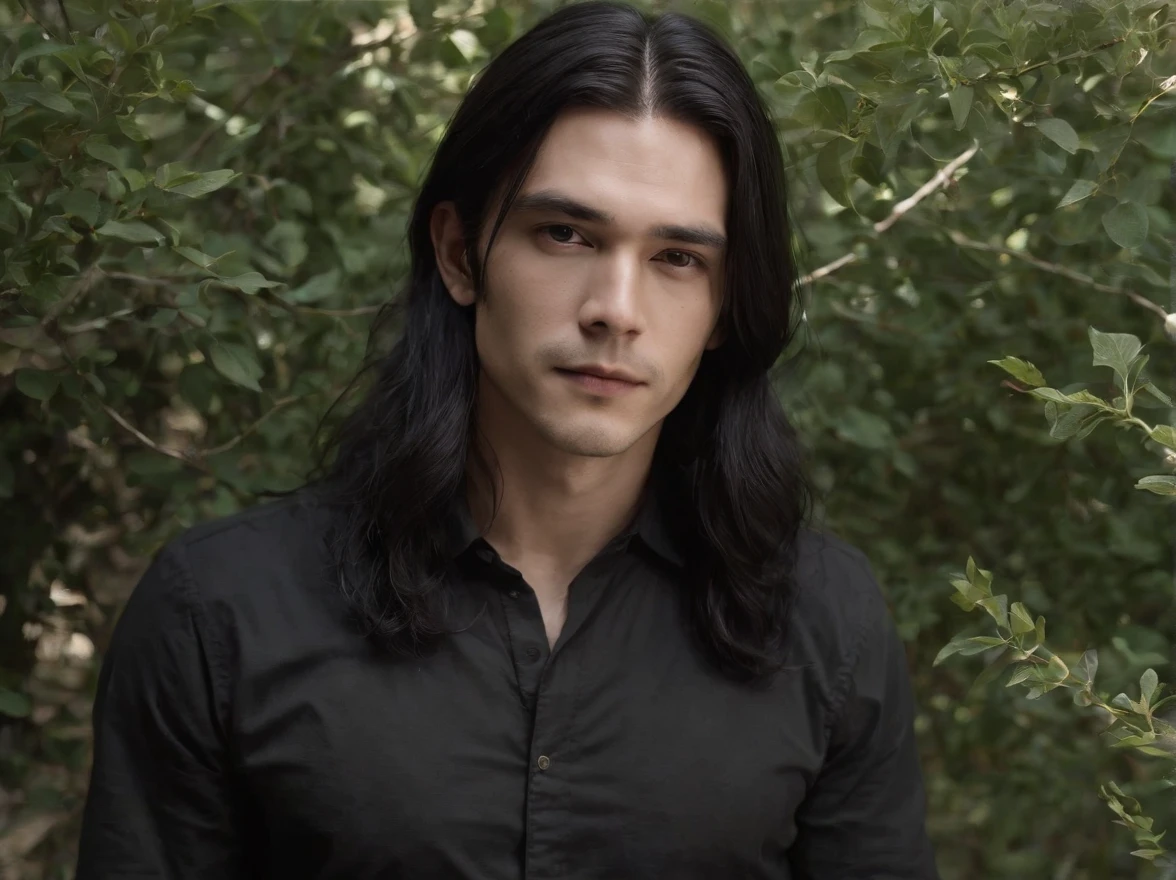 arafed man with long black hair and a black shirt standing in front of a bush, an album cover inspired by Ren Bonian, tumblr, purism, with his long black hair, with long dark hair, felix englund style, with long black hair, felix englund, black metal, techwear occultist, black metal aesthetics