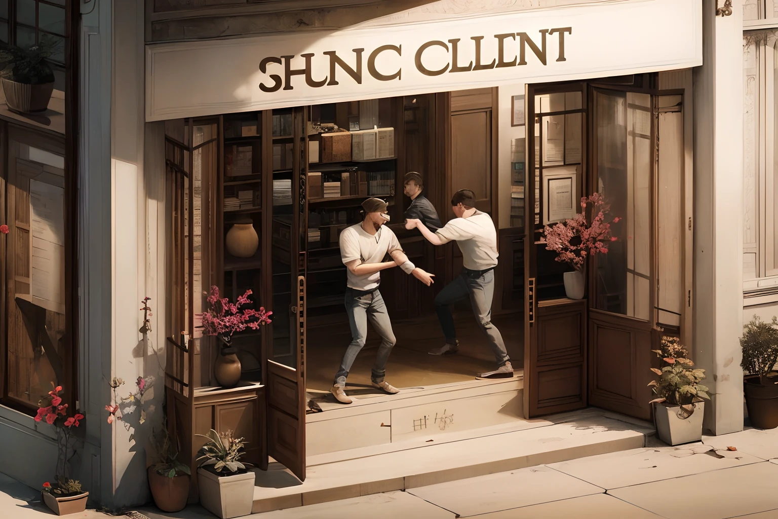 Two guys fighting in a store on CCTV