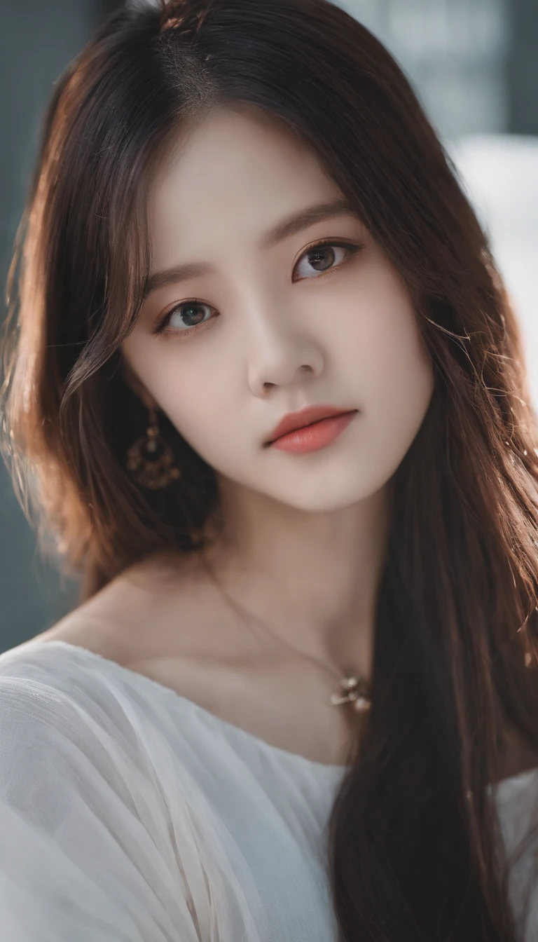 a close up of a woman with long hair wearing a choke, portrait jisoo blackpink, jisoo from blackpink, with long hair and piercing eyes, jisoo of blackpink, portrait of jossi of blackpink, jinyoung shin, anime girl in real life, cruel korean goth girl, korean girl, ulzzang, realistic. cheng yi, beautiful south korean woman, stunning anime face portrait