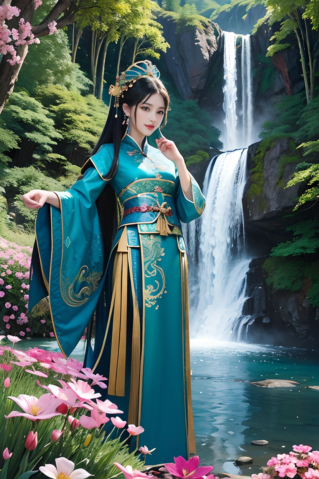 A woman wearing a blue Chinese dress,Phoenix crown,(tmasterpiece,top Quority,best qualtiy,offcial art,Beauty and aesthetics:1.2),(1girll:1.3),The is very detailed,(s fractal art:1.1),Most detailed,( zentangle:1.2), full bodyesbian, (abstract backgrounds:1.3), (Shiny skin), (many color:1.4), perfect hands, perfect eyes, ((small smile)), (Earrings), (feater:1.5), sexy pose, dynamic, ((background has green grass, flowers, a lake, and a beautiful waterfall))
