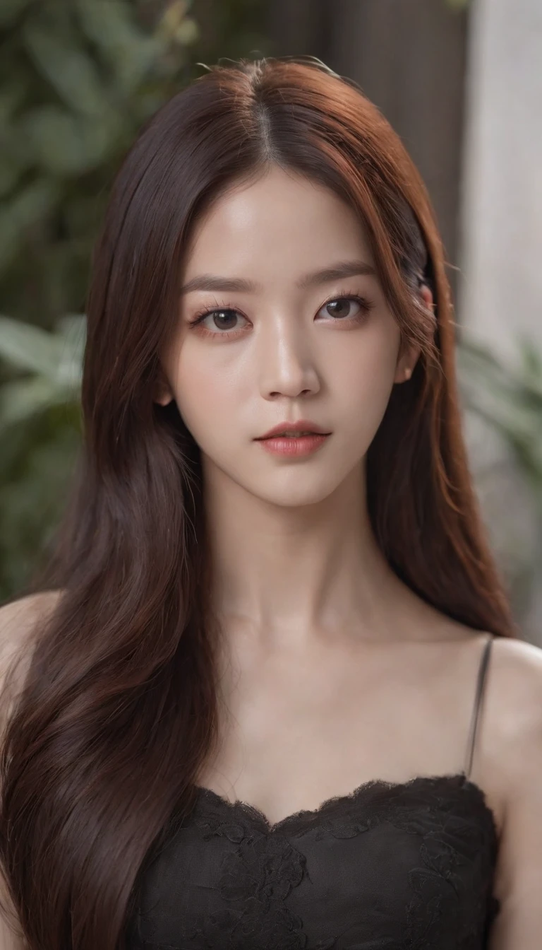 a close up of a woman with long hair wearing a choke, portrait jisoo blackpink, jisoo from blackpink, with long hair and piercing eyes, jisoo of blackpink, portrait of jossi of blackpink, jinyoung shin, anime girl in real life, cruel korean goth girl, korean girl, ulzzang, realistic. cheng yi, beautiful south korean woman, stunning anime face portrait