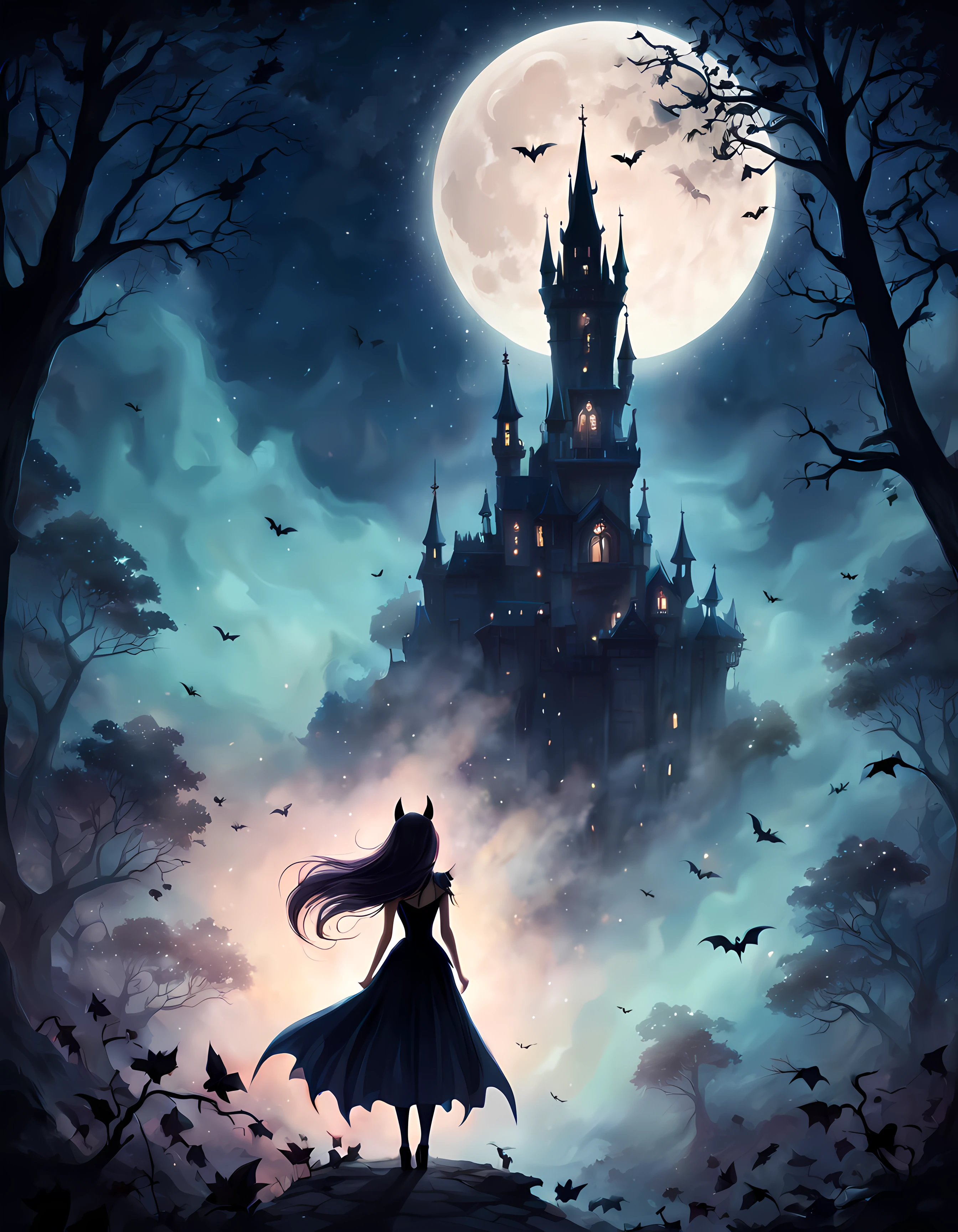 Cute Cartoon,CuteCartoonAF, view from behind, an alluring (solo:1.3) vampire queen, (amidst magical mist:1.2), dark (summer) woods, breathtaking moonlit night, falling stars, gothic tower, (glowing flora), (bats), epic, (performing a ritual:1.3)