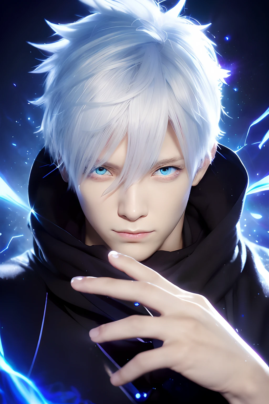 top-quality, 8K, ultra-detailliert, Photorealsitic, messy white hair、Aquamarine eyes、White lashes、Divine Rays、Ray tracing、drop shadow、optical illusion、The upper part of the body、Looking at the camera, Jujutsu Kaisen、Gojo Gojo、Black costume、Surgical unfolding、Perfect black jet background、serene expressions、Be powerful、mystic atmosphere、(Strange moonlight、ominous shadows、 Intense blue aura、 Intense red aura、Symbol of the power that surrounds you、Radiating magical energy、Mystical artifacts、Ether particles、dynamicposes、Epic soundtrack、Sense of Wonder、(((Detailed hand)))