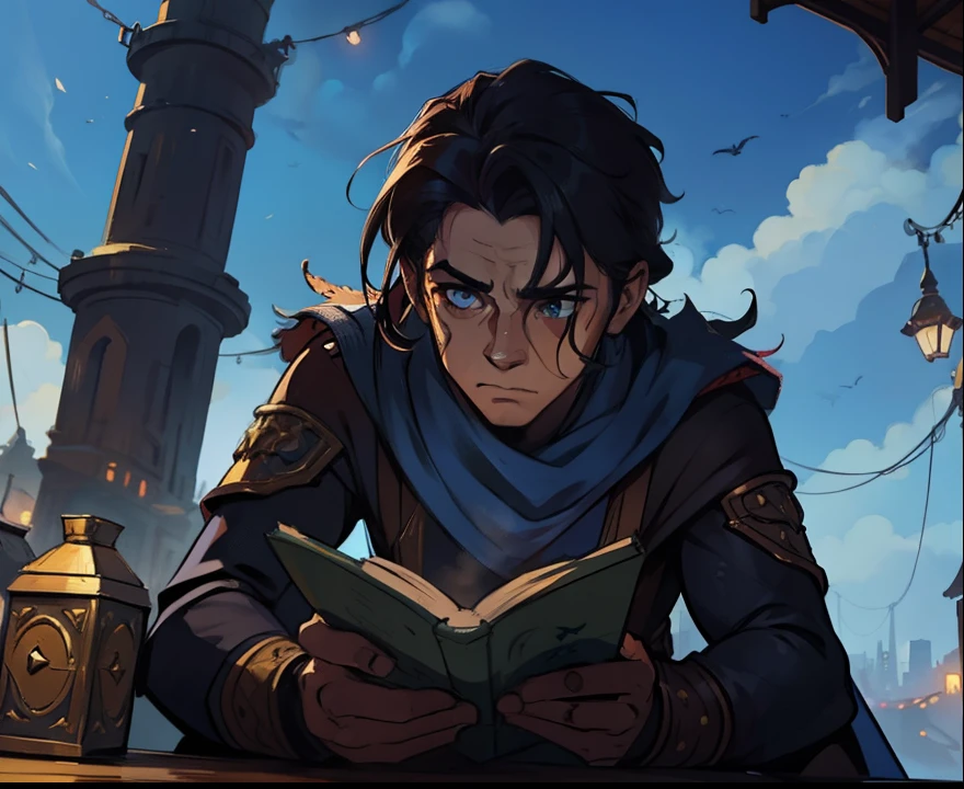1 Homem lindo Steampuk, tattuagens, fundo cidade anoite, uma arte para um Jogo de rpg, Non-human art for an RPG