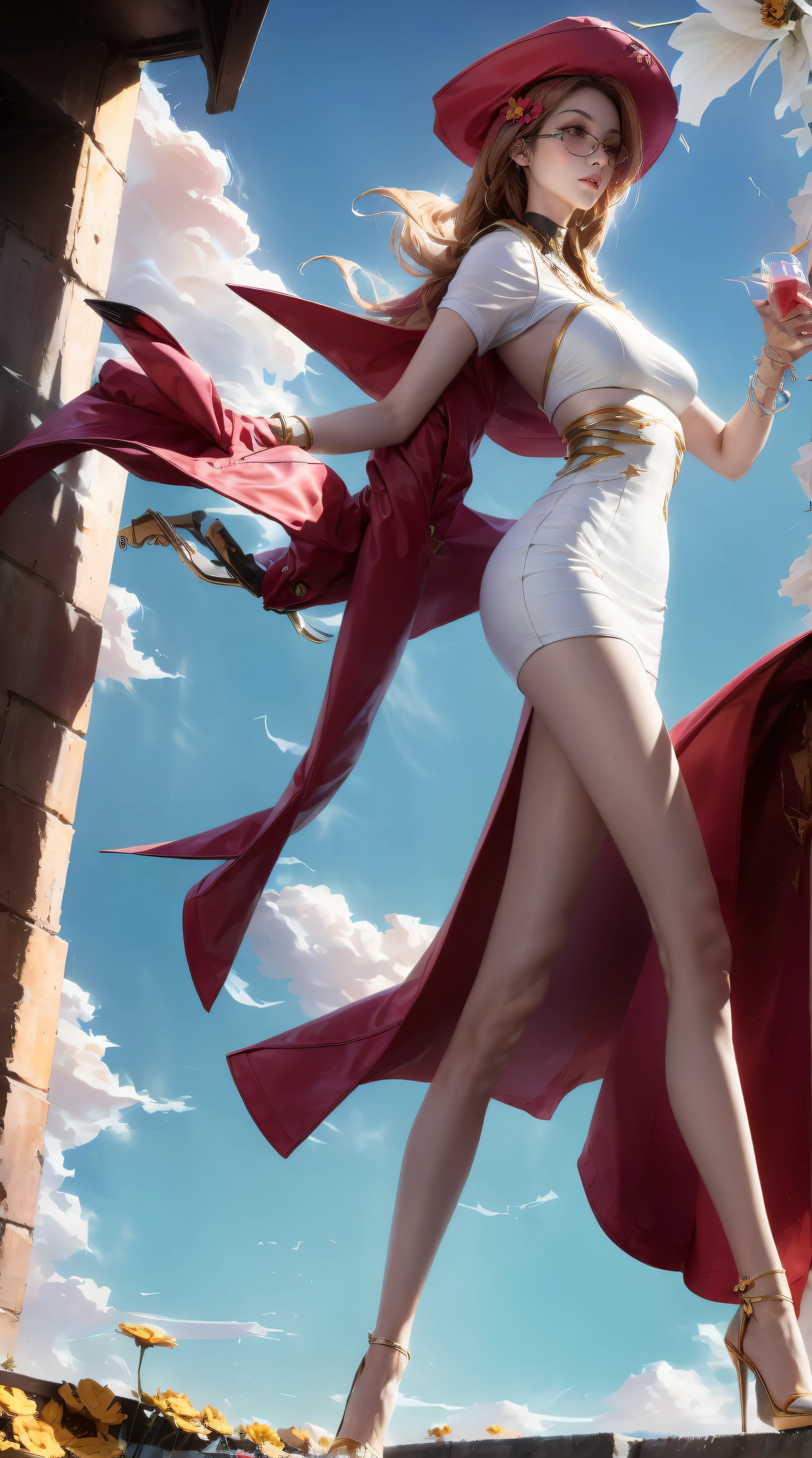 Masterpiece,Best quality,A high resolution, 1girll,From below,(Very thin and straight legs),,(Very long legs,Straight legs),,High heels,long leges,standing on your feet, Long legs as seen from the front, Perfect body,with perfect legs,(exteriors),Red Hat, Glasses, White dress, Short sleeves,hair flower,sunglasses, The girl stands, Cityscape, Night, Lake, jewelry, Pink glasses,arms back behind,(((Red sports car))),Yellow flowers