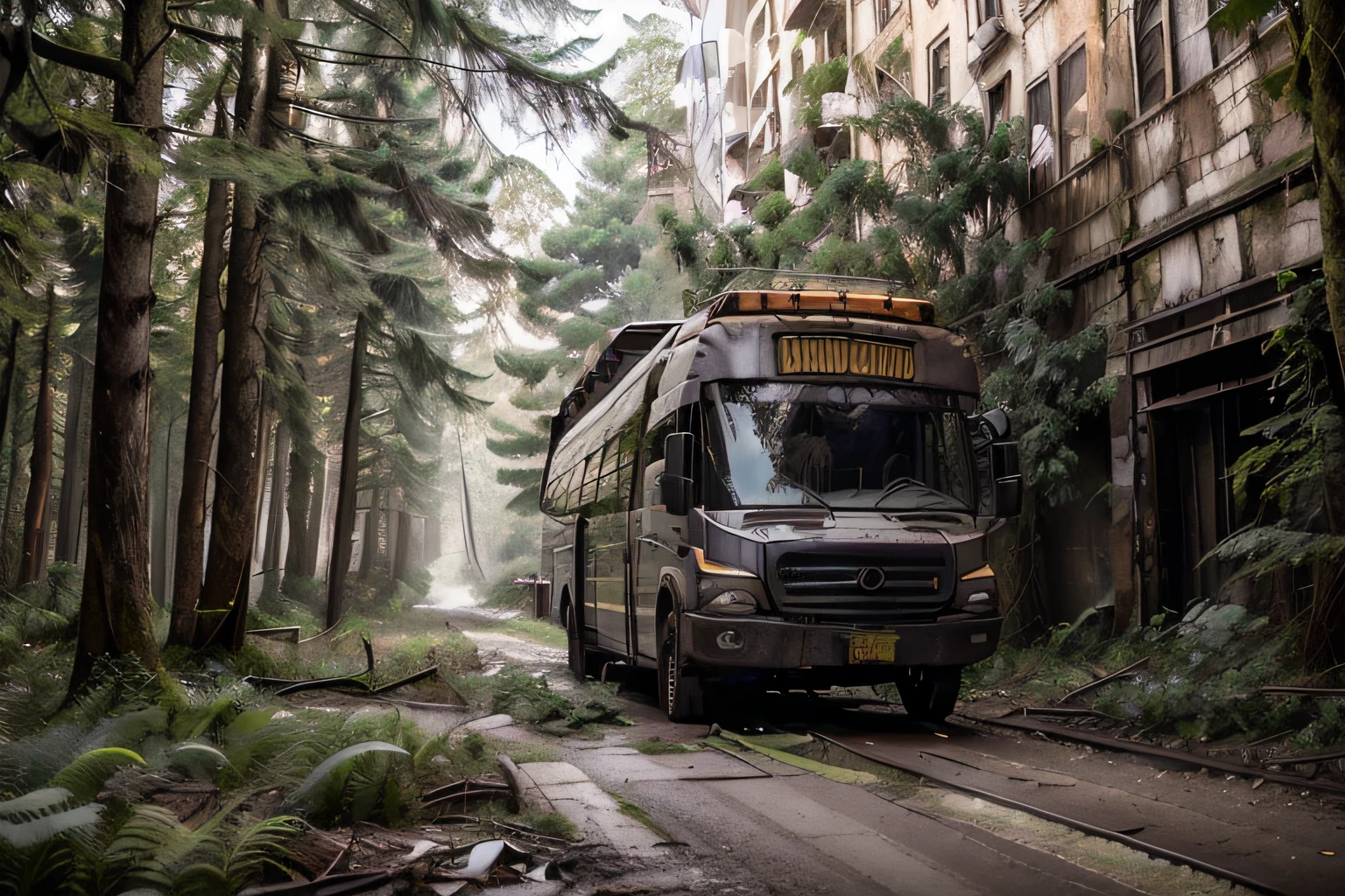 (Big bus in the woods)), ((Na floresta)), (Apocalyptic powder detailed gray color), Tires reinforcing the side, Pieces of metal welded to its base, highes definition, 8k, Scraps tied up in the truck, (grades nas janelas), malas amarradas em cima, pessoas andando em cima, Protective grille, porta, escotilha, escadas, ((pessoas carregando armas))