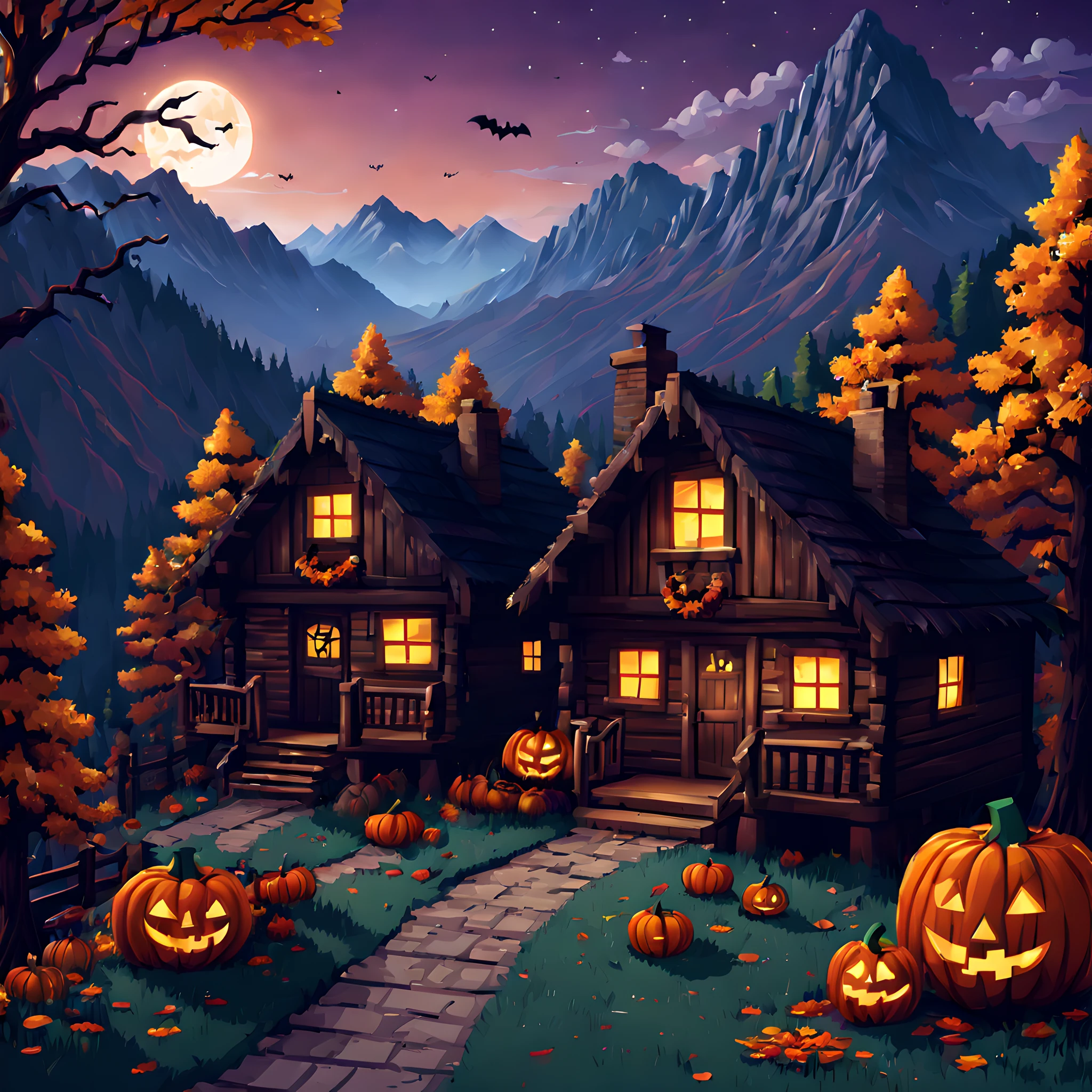 (halloween theme:1.3), (Mountain Cabin (Mountain Cabin):1.3), (pixel art:1.5),  Mountain road with Halloween decorations、Halloween Decoration Huts、Autumn mountain hut、Colored leaves、