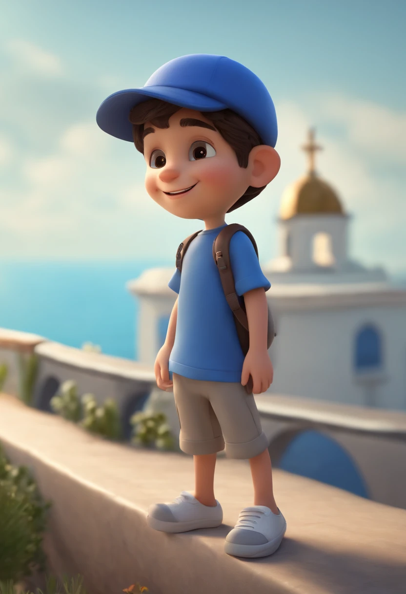 A happy cute boy standing with dark short hair,  oculos,with dark blue cap , vestindo uma camisa azul , , fundo branco, barnet, Tom, Estilo Pixar, ......3d, desenhos animados, rosto detalhado, asymmetrical 16k