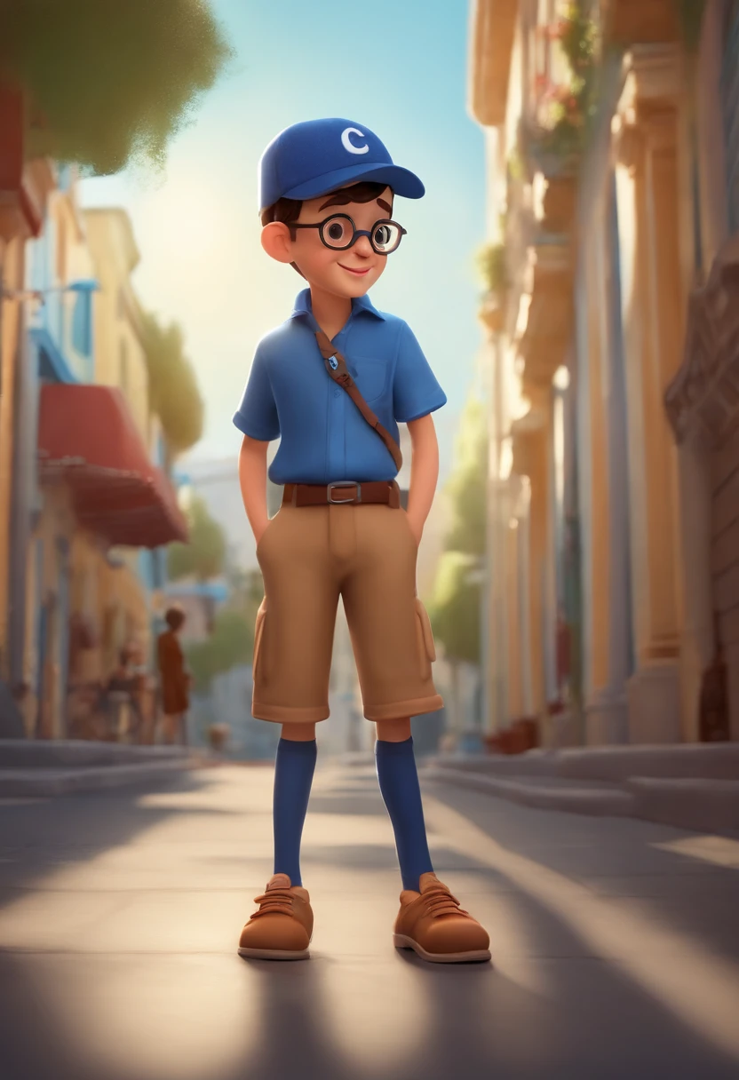 A happy cute boy standing with dark short hair,  oculos,with dark blue cap , vestindo uma camisa azul , , fundo branco, barnet, Tom, Estilo Pixar, ......3d, desenhos animados, rosto detalhado, asymmetrical 16k