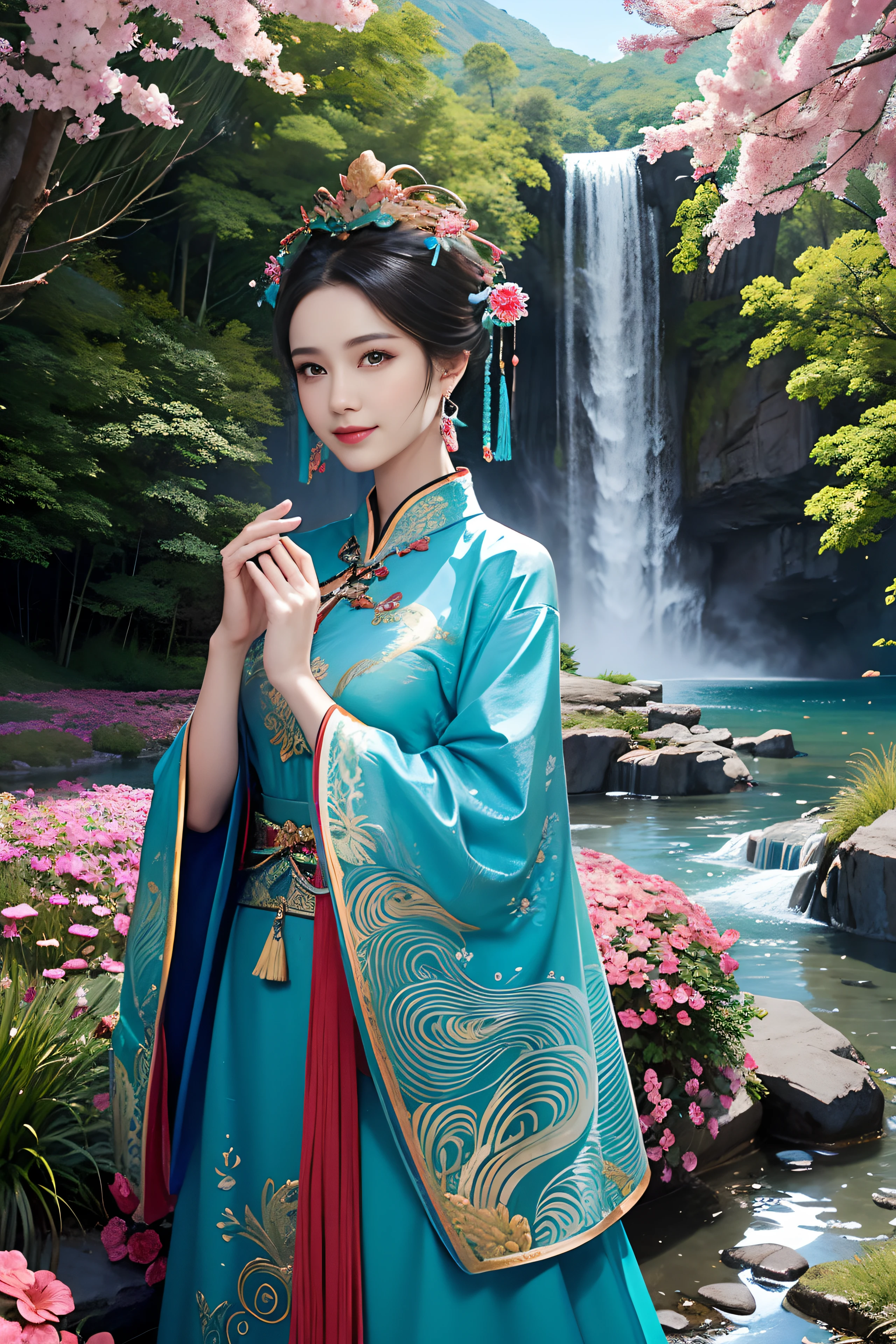A woman wearing a blue Chinese dress,Phoenix crown,(tmasterpiece,top Quority,best qualtiy,offcial art,Beauty and aesthetics:1.2),(1girll:1.3),The is very detailed,(s fractal art:1.1),Most detailed,( zentangle:1.2), full bodyesbian, (abstract backgrounds:1.3), (Shiny skin), (many color:1.4), perfect hands, perfect eyes, ((small smile)), (Earrings), (feater:1.5), sexy pose, dynamic, ((background has green grass, flowers, a lake, and a beautiful waterfall))