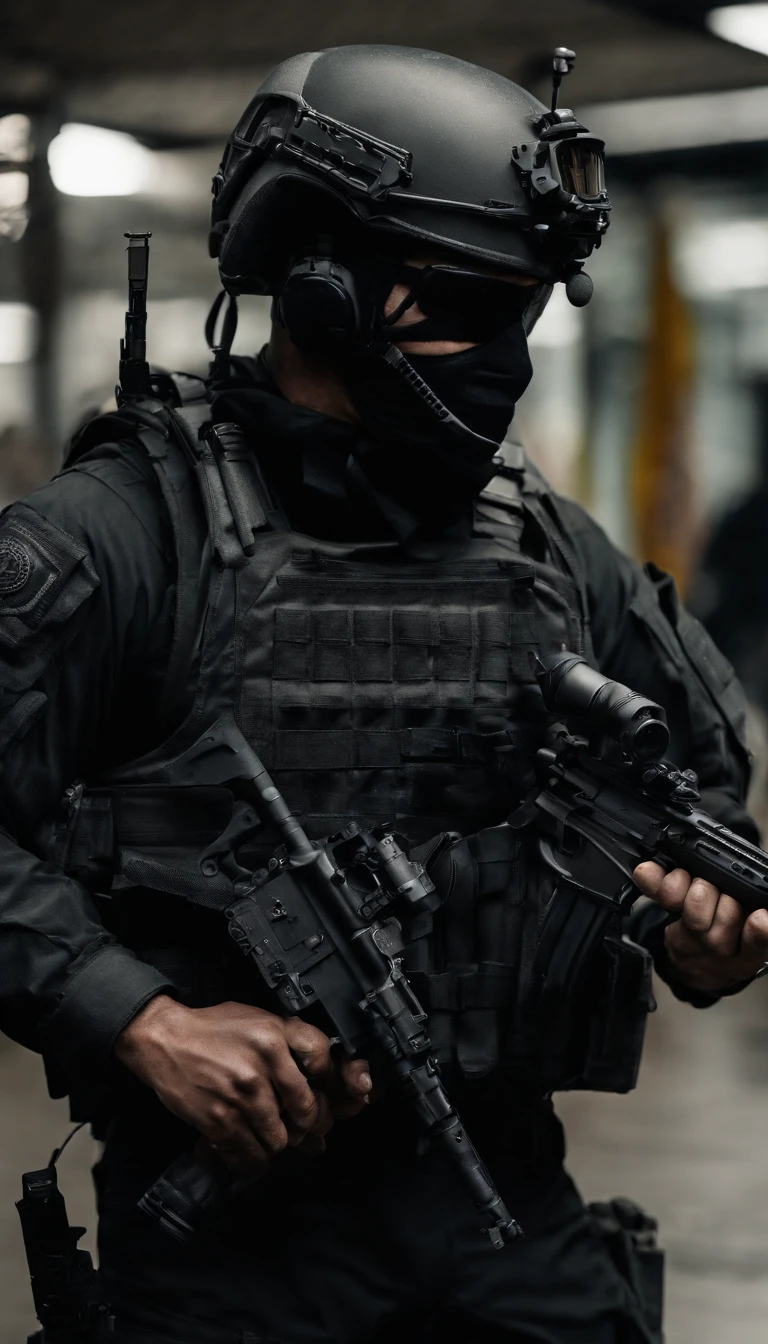 (Best quality,4K,8K,A high resolution,Masterpiece:1.2),Ultra-detailed,(Realistic,Photorealistic,photo-realistic:1.37), One of them wore a black SWAT uniform，Man in black helmet, A man in a black mask holds a gun, Air rifle CQB, French Special Operations, realistic soldiers, Soldiers in tactical equipment, tactical gear, cinematic —ar 16:9, realistic military equipment, Tactical armor, Black tactical equipment, combat outfit, Futuristic soldier costume, special forces security(Best quality,4K,8K,A high resolution,Masterpiece:1.2),Ultra-detailed,(Realistic,Photorealistic,photo-realistic:1.37), One of them wore a black SWAT uniform，Man in black helmet, A man wearing a black skull mask holds a gun, assault rifle，CQB, French Special Operations, realistic soldiers, Soldiers in tactical equipment, tactical gear, cinematic —ar 16:9, realistic military equipment, Tactical armor, Black tactical equipment, combat outfit, Futuristic soldier costume, special forces security，FBI official，Zombie crisis，Zombie background，There was chaos，Police shoot at zombies