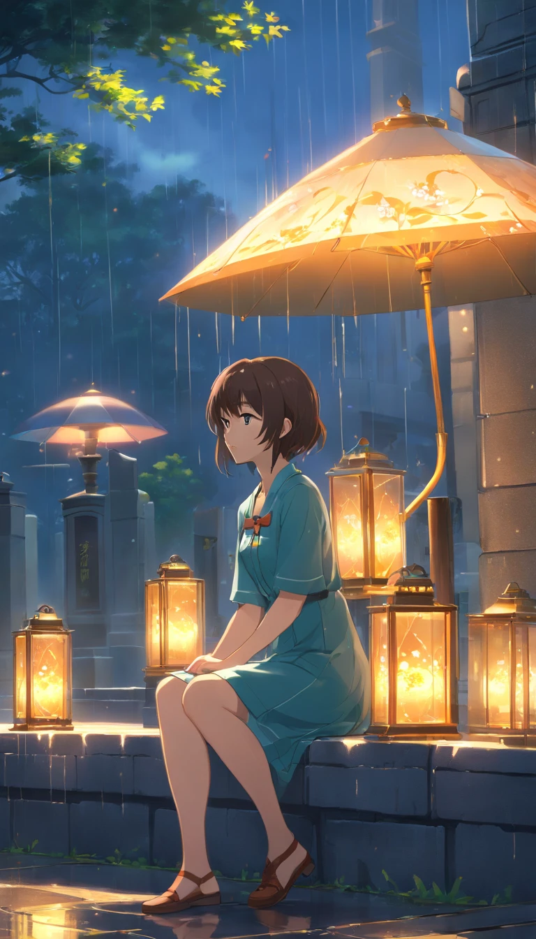 (Extremely detailed Cg Unity 8K wallpaper), Beautiful young woman in the rain, dress, Sitting, Cemetery with lanterns, Style-Empire, (Style-Glass), (((surrealism))), full_Body_Shot, Dramatic, The light from the back window is backlighted, Light rays, voluminetric lighting, Detailed face, Highly detailed, Painting，Nasida，quadratic element