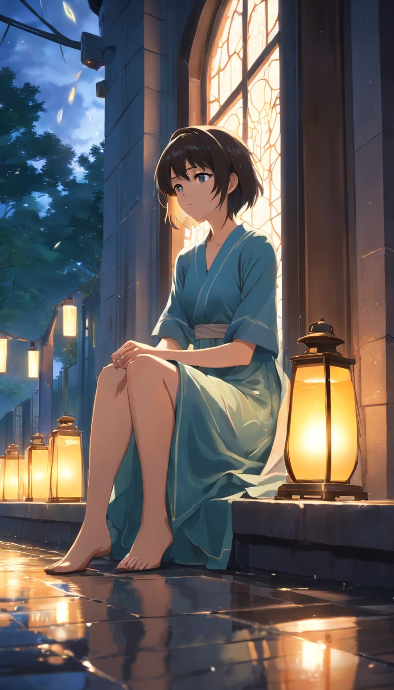 (Extremely detailed Cg Unity 8K wallpaper), Beautiful young woman in the rain, dress, Sitting, Cemetery with lanterns, Style-Empire, (Style-Glass), (((surrealism))), full_Body_Shot, Dramatic, The light from the back window is backlighted, Light rays, voluminetric lighting, Detailed face, Highly detailed, Painting，Nasida，quadratic element