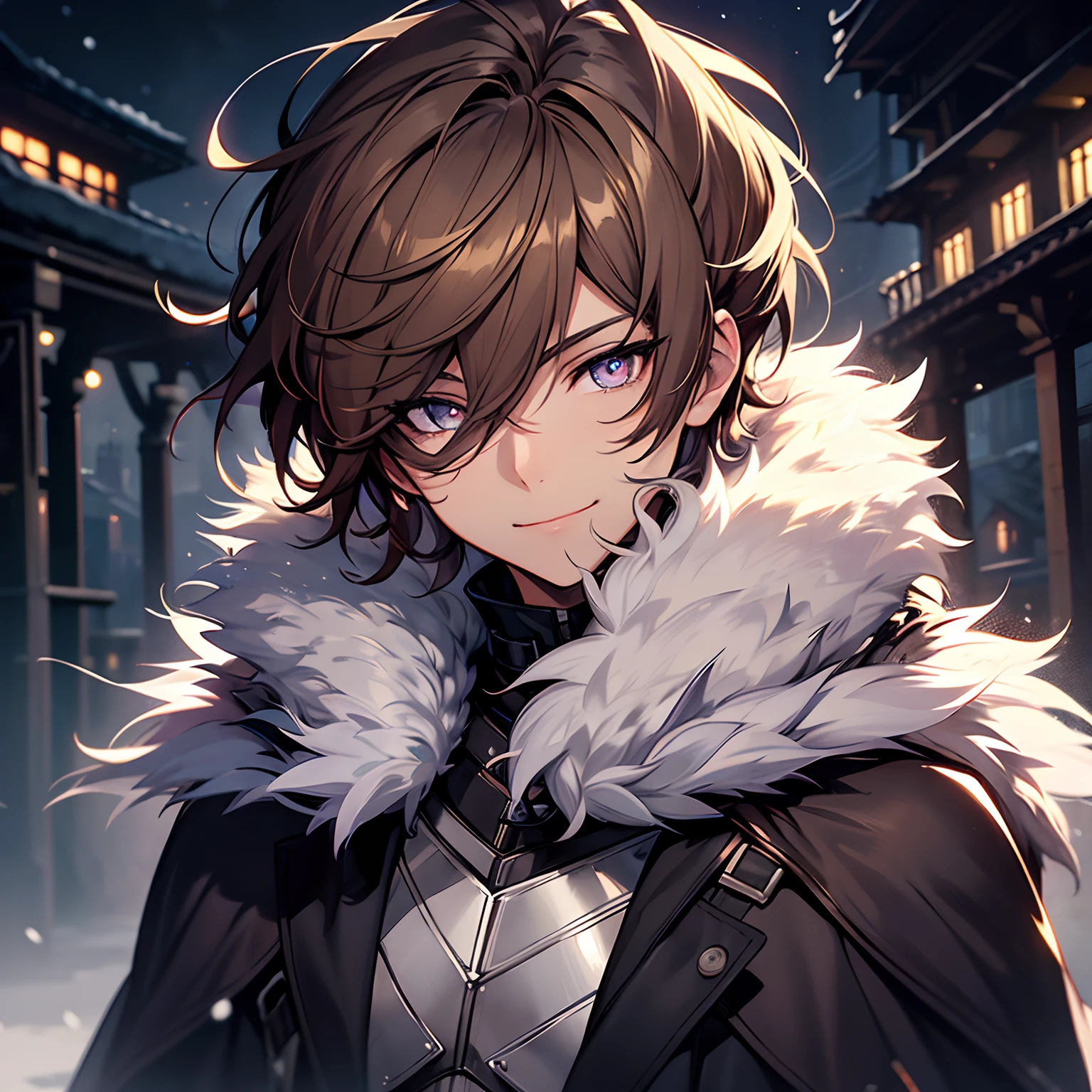 1guy, highly detailed, masterpiece, gentle smile, winter cloak, glowing eyes, ash brown hair, slightly curly hair, fur trim, light and dark theme, lavender eyes with stars in them, medium-short hair, feathered hair, dragon eyes