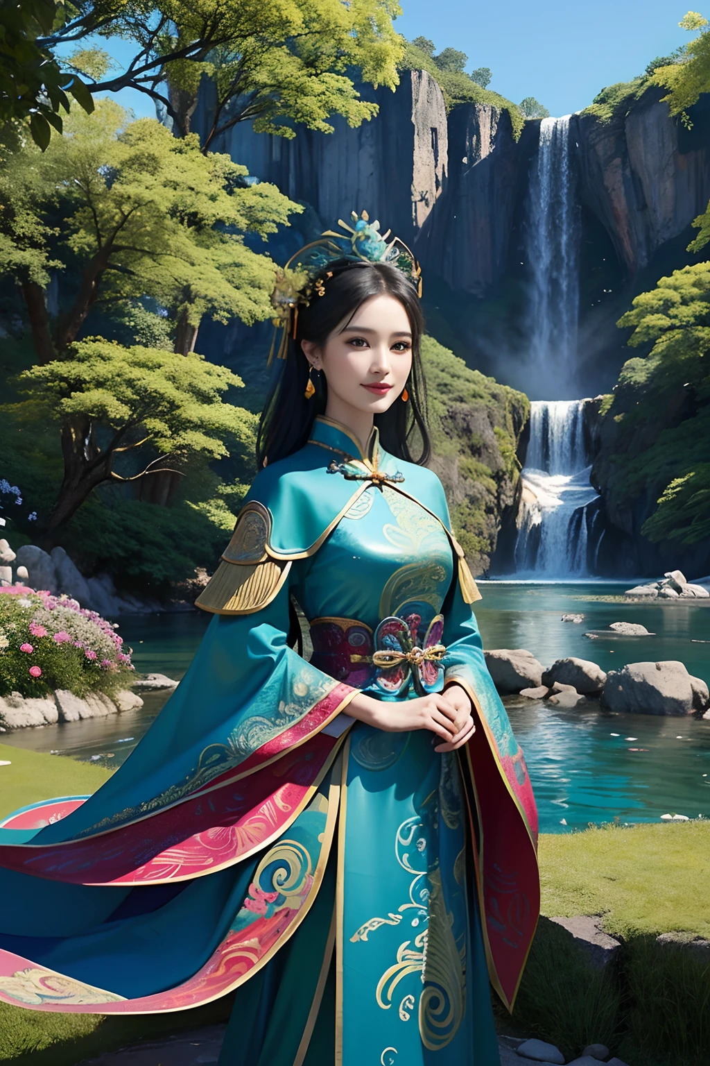 A woman wearing a blue Chinese dress,Phoenix crown,(tmasterpiece,top Quority,best qualtiy,offcial art,Beauty and aesthetics:1.2),(1girll:1.3),The is very detailed,(s fractal art:1.1),Most detailed,( zentangle:1.2), full bodyesbian, (abstract backgrounds:1.3), (Shiny skin), (many color:1.4), perfect hands, perfect eyes, ((small smile)), (Earrings), (feater:1.5), sexy pose, dynamic, ((background has green grass, flowers, a lake, and a beautiful waterfall))