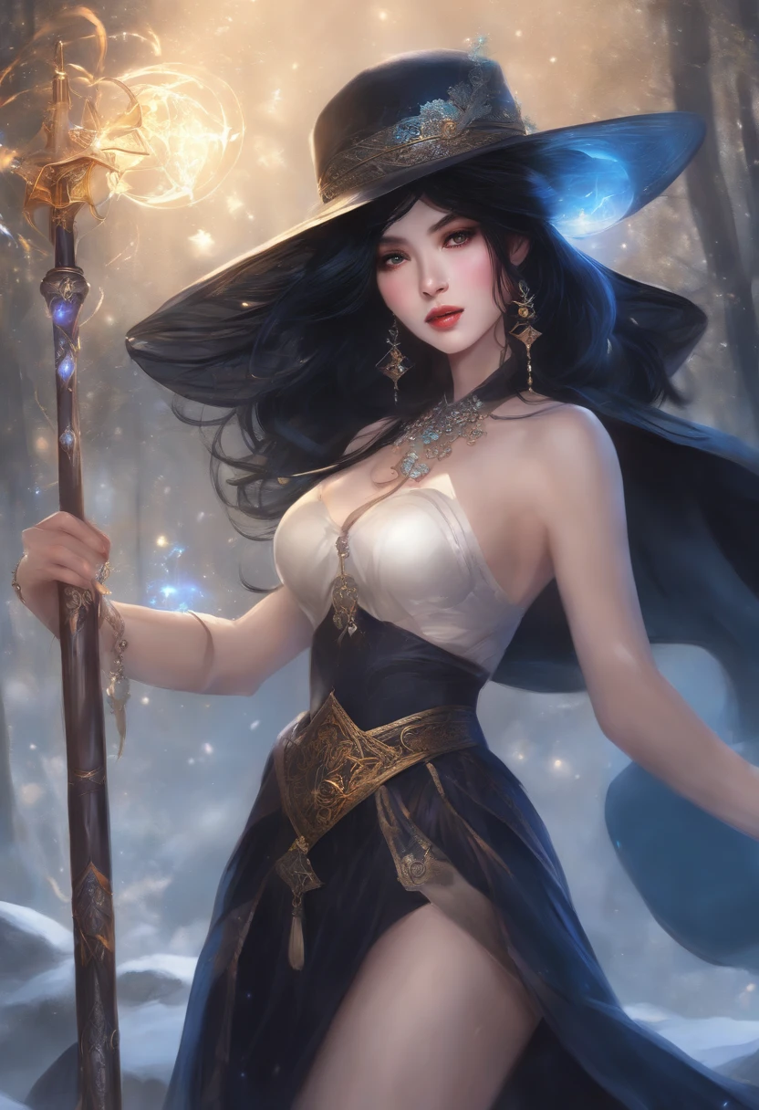 Black hair, Female mage, long skirt, high-heels, Holding a magic staff, Ice magic, Two-dimensional style