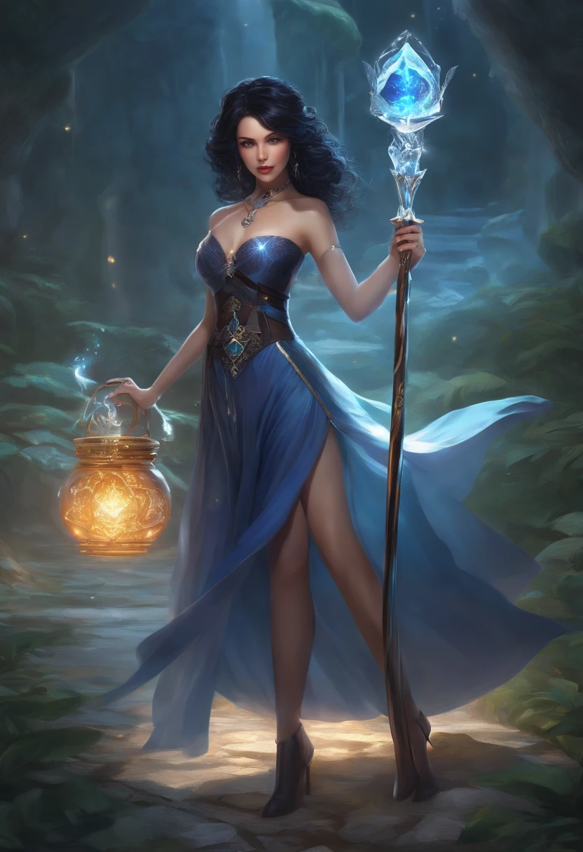 Black hair, Female mage, long skirt, high-heels, Holding a magic staff, Ice magic, Two-dimensional style