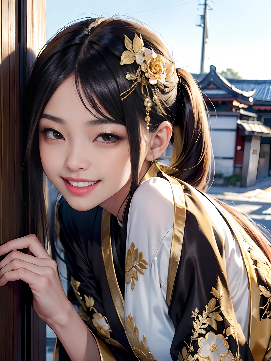(rokoko:1.5),Background of details(Urban landscape:1.2),BREAK ,elaborate costume(Luxury kimono(Black kimono(detailed embroidery(blanche,golds)))),BREAK,(1 Beautiful and classy adult woman(Shy smile:1.5)(Japanese actressl:1.2)(glossy dark hair(poneyTail:1.2))),(eye glass(four corners:1.2)),(),BREAK,Wallpapers 16K,Blur the background,(masutepiece:1.5),(Best Quality:1.5),(Portrait photos:1.5),full body Esbian