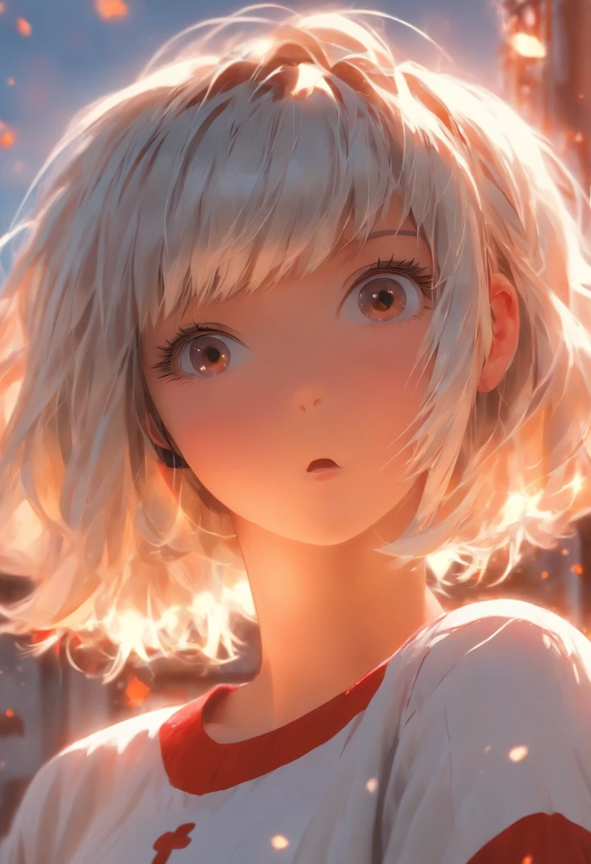 short white hair girl. chin-length bob with Birkin bangs hairstyle. sky blue eyes. teenager girl. she's 18 years old. white and red school uniform. school. classroom. sunlight. evening. ultrasharp. 8k. masterpiece. nsfw content