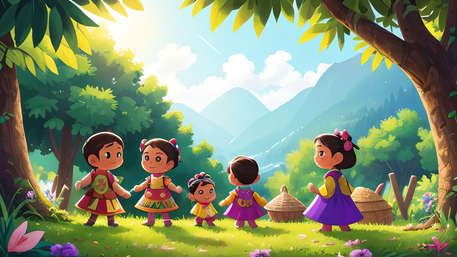 Faraway view,The family is dressed in national costumes,Drying quilts in the village square,Wear national costumes,The elder sister wears a pink national costume,The elder brother wears a green national costume,The two younger sisters wear purple costumes。Look at the scenery in the distance,The facial features are cute and delicate。(Best quality, 4K, A high resolution), Ultra-detailed, (Realistic:1.37), sportrait, Vivid colors, Natural lighting.