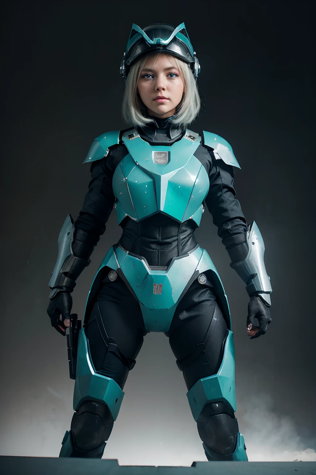 Year's on_Cute_Machinary,1girll,Solo,Blush,Blue_Eyes,Holding,Closed_Mouth,standing,full_Body,arma,Light green seeds_Hair,tchibi,Holding_arma,Armor,Aqua_Eyes,Gun,helmet,black_Background,clenched_hand,Holding_Gun,Mecha_museum,power_Armor,
Cinematic lighting,Strong contrast,High level of detail,Best quality,Masterpiece,White background,