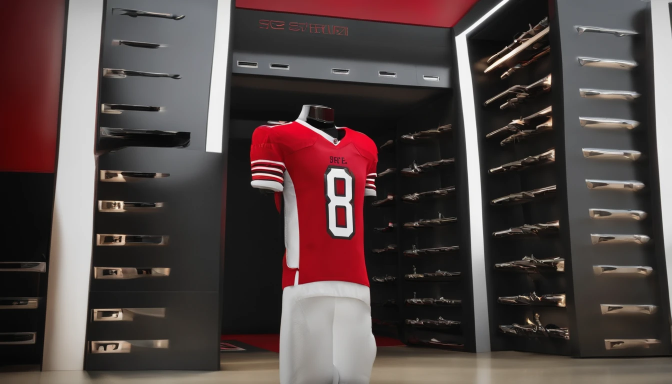 A football jersey that’s red and black that says commanders number eight