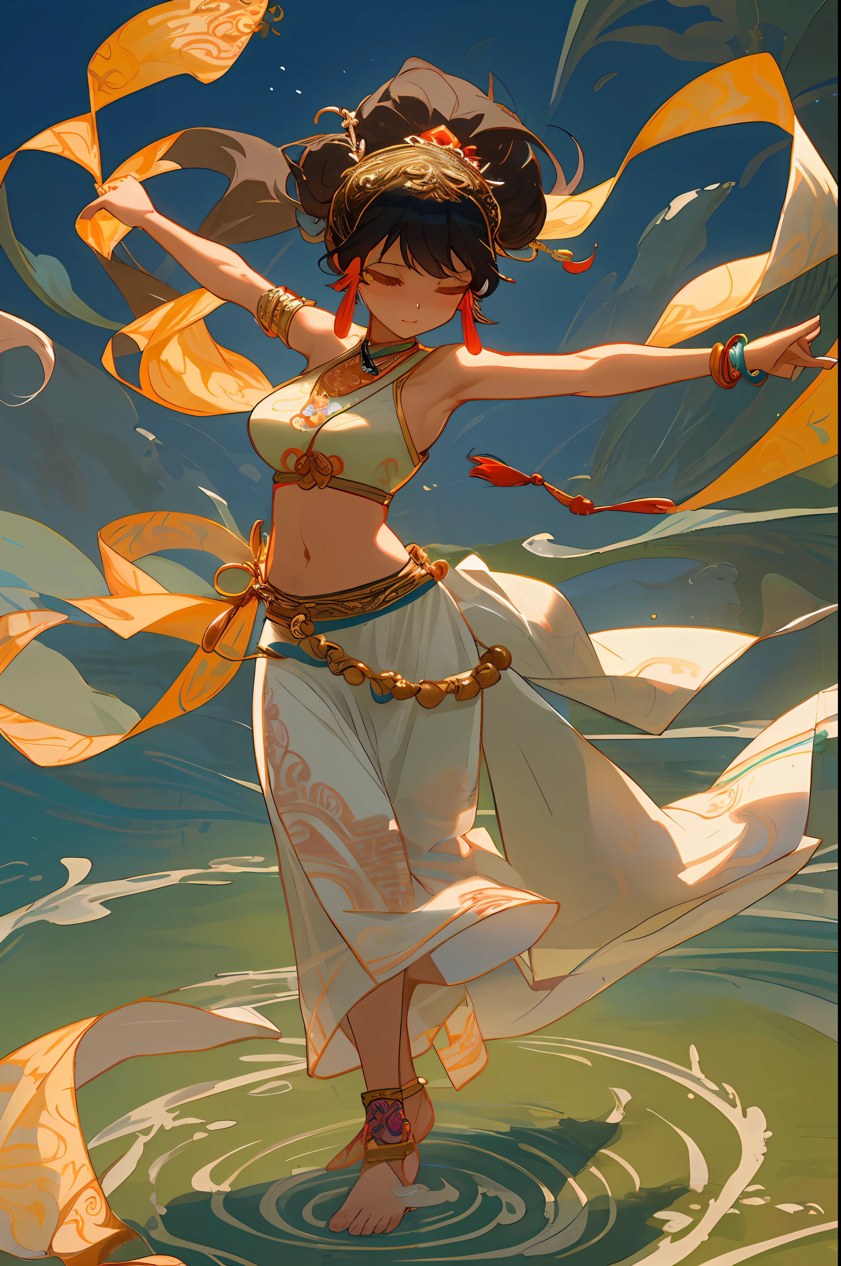 Inspired by Dunhuang Flying Apsaras mural, an ancient Chinese beauty stands and dances on the water, gorgeous Dunhuang costumes are embroidered with intricate embroidery, flowing tulle, transparent long colorful ribbons on the arms, navel exposed, shoulders exposed, and neck exposed , black curly hair in a high bun with flower hairpins, streamers on the arm rings, wreath rings, bracelets, anklets, metal chain tassels on the waist, Mogao Grottoes art, ink painting, cgstation fashion