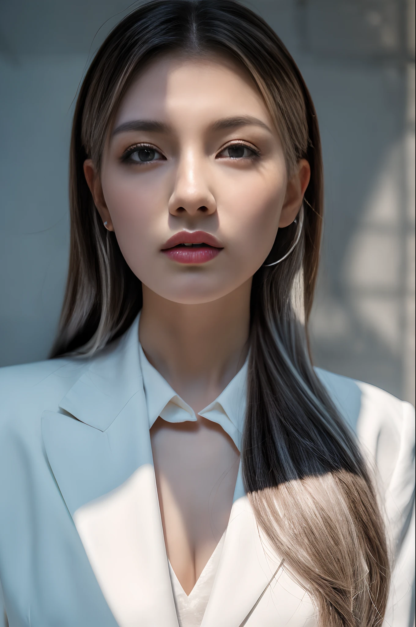 Best quality, masterpiece, ultra high res, (photorealistic:1.4), raw photo, film grain, 1girl, long hair, silver hair, detailed eyes and face, white suit, dynamic lighting, in the dark, deep shadow, low key, cowboy shot