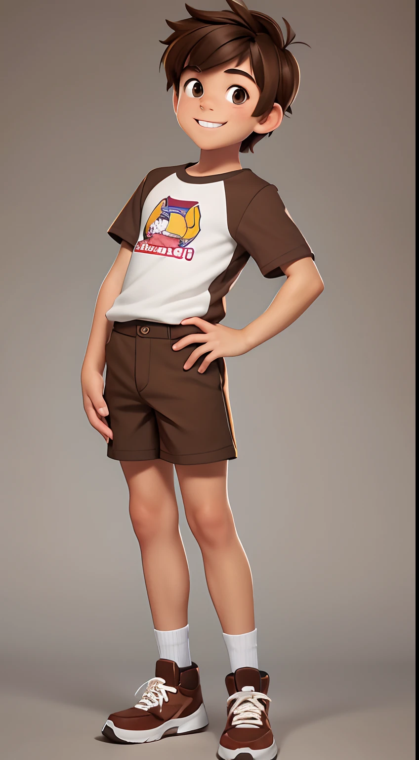 (high quality,8k,cartoon style,full body portrait,8-year-old boy,brown hair,charming smile,brown eyes,shorts)