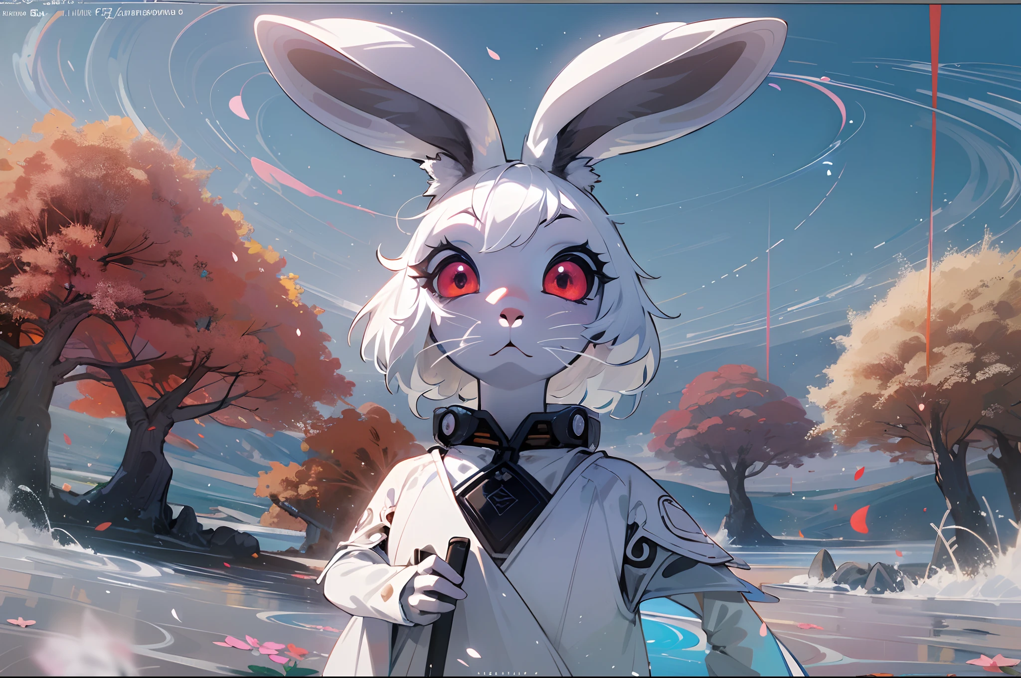 absurderes, A high resolution, (offcial art, Beautiful and aesthetic:1.2), (Near vision:1.15), (1rabbit,Wear an elven suit,with hat,Rabbit ears sticking out of the hat,Red eyes, Bright eyes, Exploring, Black and white color scheme,:1.2) Blue sky, Sparkling Milky Way, (Salar de Uyuni:1.2), (Fractal art:0.8), Water Effects, Ripple Effect, (flower effect: 0.65), Light effects,