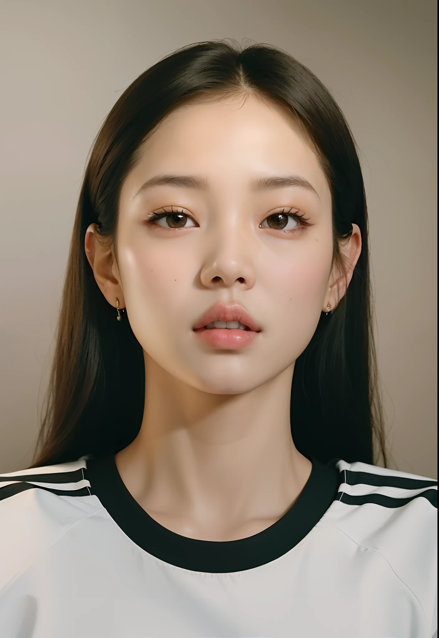 A woman with long hair and a white shirt looks into the camera, jennie blackpink, Retrato de Jossi de Blackpink, Parque Ji-min, Lee Ji - Eun, Lee Ji-eun, korean symmetrical face, TaeJune Kim, young adorable korean face, jossi do blackpink, Shin min jeong, Jaeyeon Nam, Heonhwa Choe