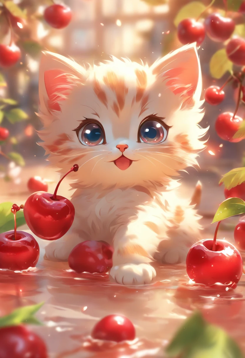 a cute vector of a kitten with cherry, anime style, M Jenni style, digital illustration, approaching perfection, highly detailed, smooth, sharp focus, illustration, 4k resolution