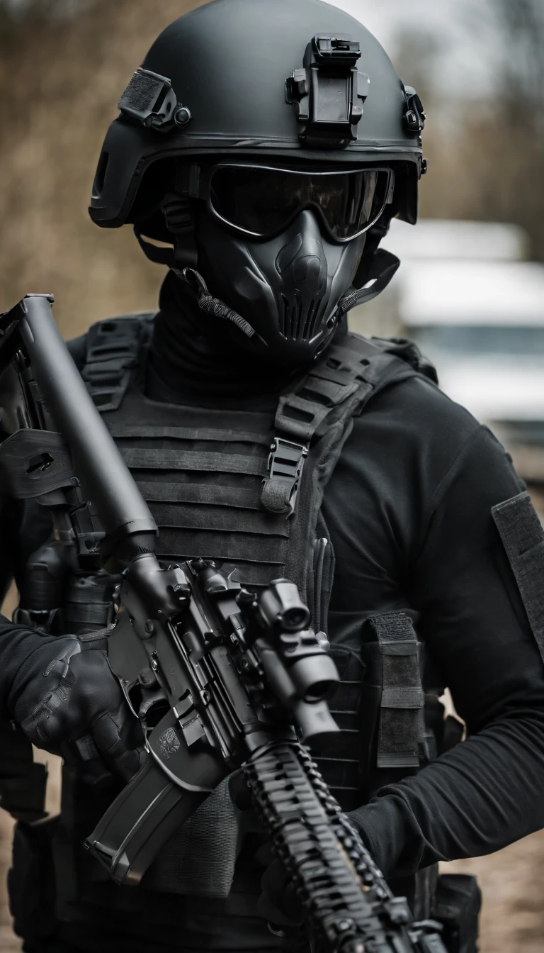 (Best quality,4K,8K,A high resolution,Masterpiece:1.2),Ultra-detailed,(Realistic,Photorealistic,photo-realistic:1.37), One of them wore a black SWAT uniform,Man in black helmet, A man in a black mask holds a gun, Air rifle CQB, French Special Operations, realistic soldiers, Soldiers in tactical equipment, tactical gear, cinematic —ar 16:9, realistic military equipment, Tactical armor, Black tactical equipment, combat outfit, Futuristic soldier costume, special forces security(Best quality,4K,8K,A high resolution,Masterpiece:1.2),Ultra-detailed,(Realistic,Photorealistic,photo-realistic:1.37), One of them wore a black SWAT uniform,Man in black helmet, A man wearing a black skull mask holds a gun, assault rifle,CQB, French Special Operations, realistic soldiers, Soldiers in tactical equipment, tactical gear, cinematic —ar 16:9, realistic military equipment, Tactical armor, Black tactical equipment, combat outfit, Futuristic soldier costume, special forces security,FBI official,Zombie crisis,Zombie background,There was chaos,Police shoot at zombies
