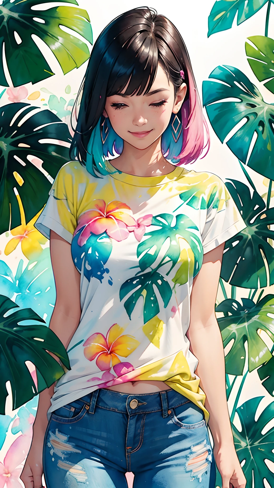 a Plumeria painting with a splatter background and tropical effect, by Adam hughes, plumeria flower design t-shirt and jeans, upper body centered, multi-color hair, 1 eye closed, big happy smile, watercolor art, watercolor painting, watercolor painting style, watercolor detailed art, watercolor digital painting, watercolor paint, masterfully detailed watercolor, watercolor art